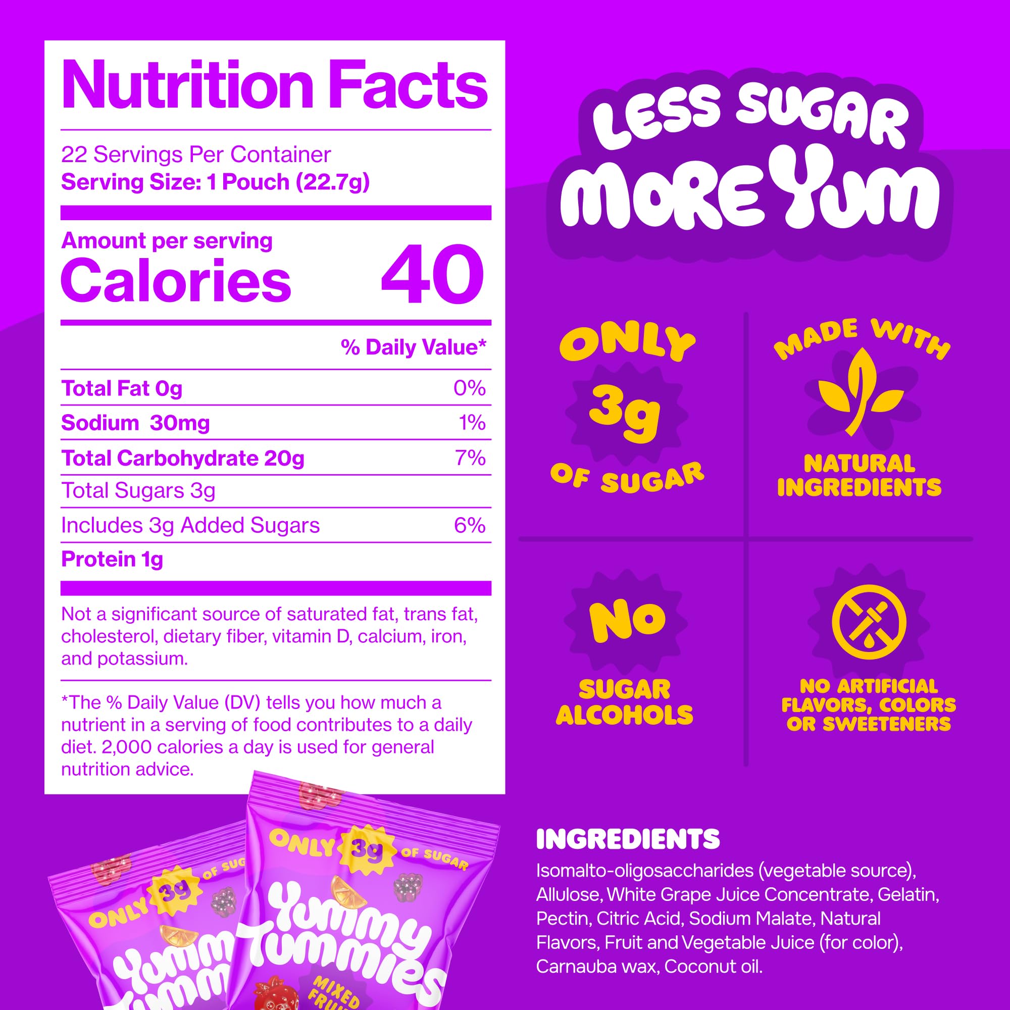 Yummy Tummies Low Sugar Fruit Snacks, 3g Sugar Per Pouch, 0.8 oz (Pack of 22)