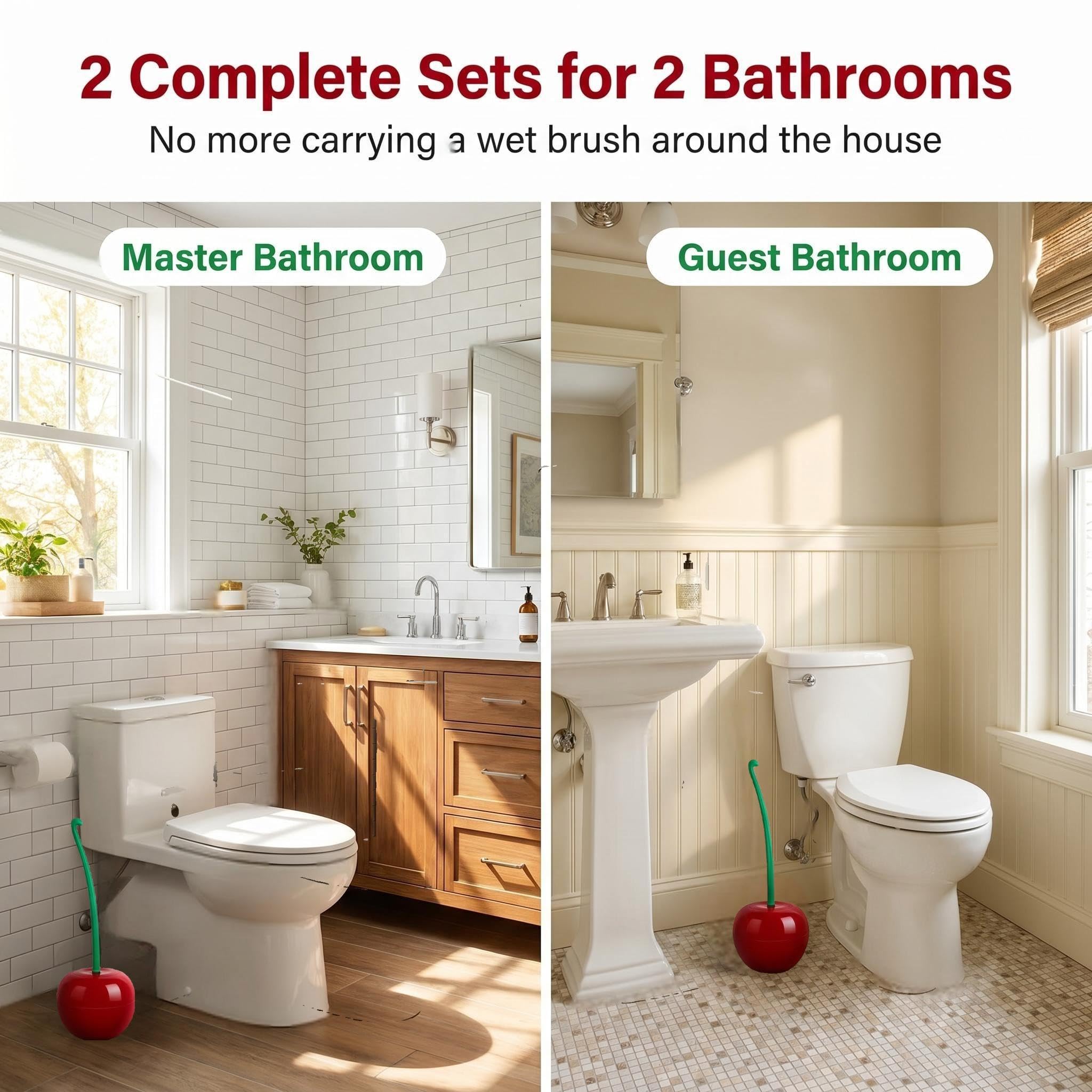 Toilet Bowl Brush with Holder Set: 360°Under Rim Toilet Scrubber Cute Cherry 2pcs-Heavy Duty Scrubbing Bristles for Apartment Bathroom