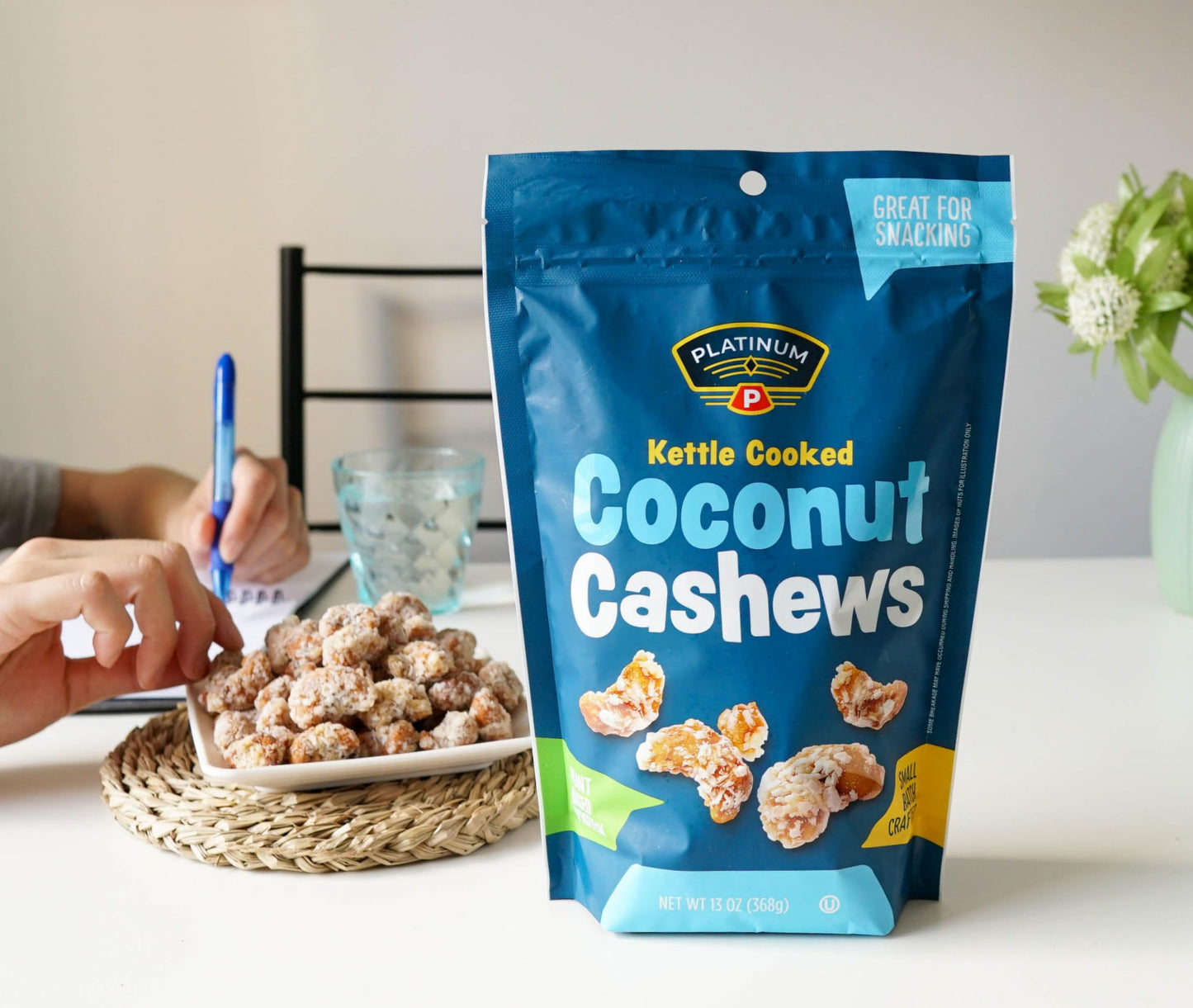 Platinum Kettle Cooked Coconut Cashews - Plant Based Protein, Fiber, Healthy Snack - Wholesome Nutritional Boost - Can Bring at Home, Work, Office