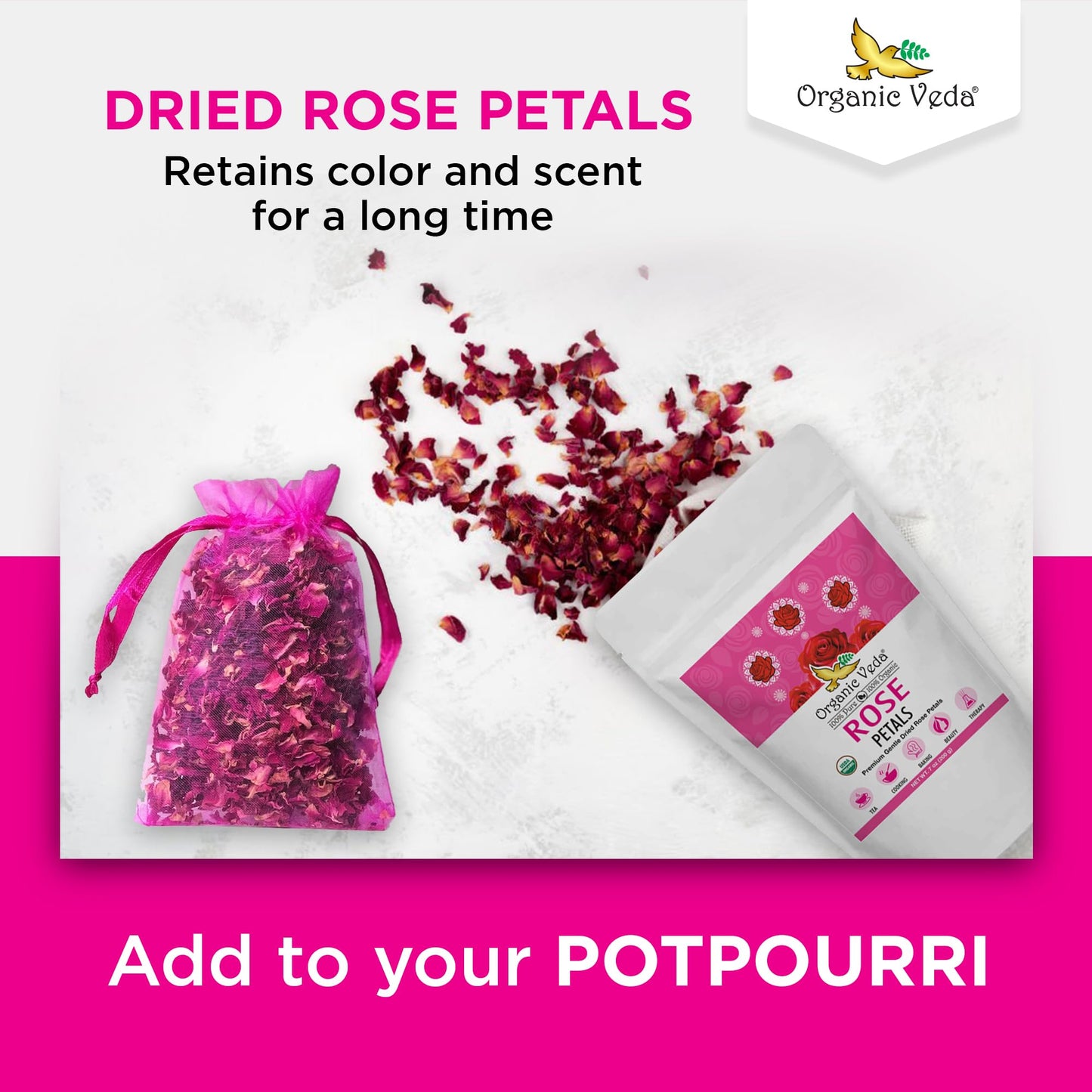 Organic Veda Dried Rose Petals, 4 oz - 100% Organic Real Edible Rose Petals - Food Grade USDA Rose Petal for Making Rose Water, Baking, Herbal Tea