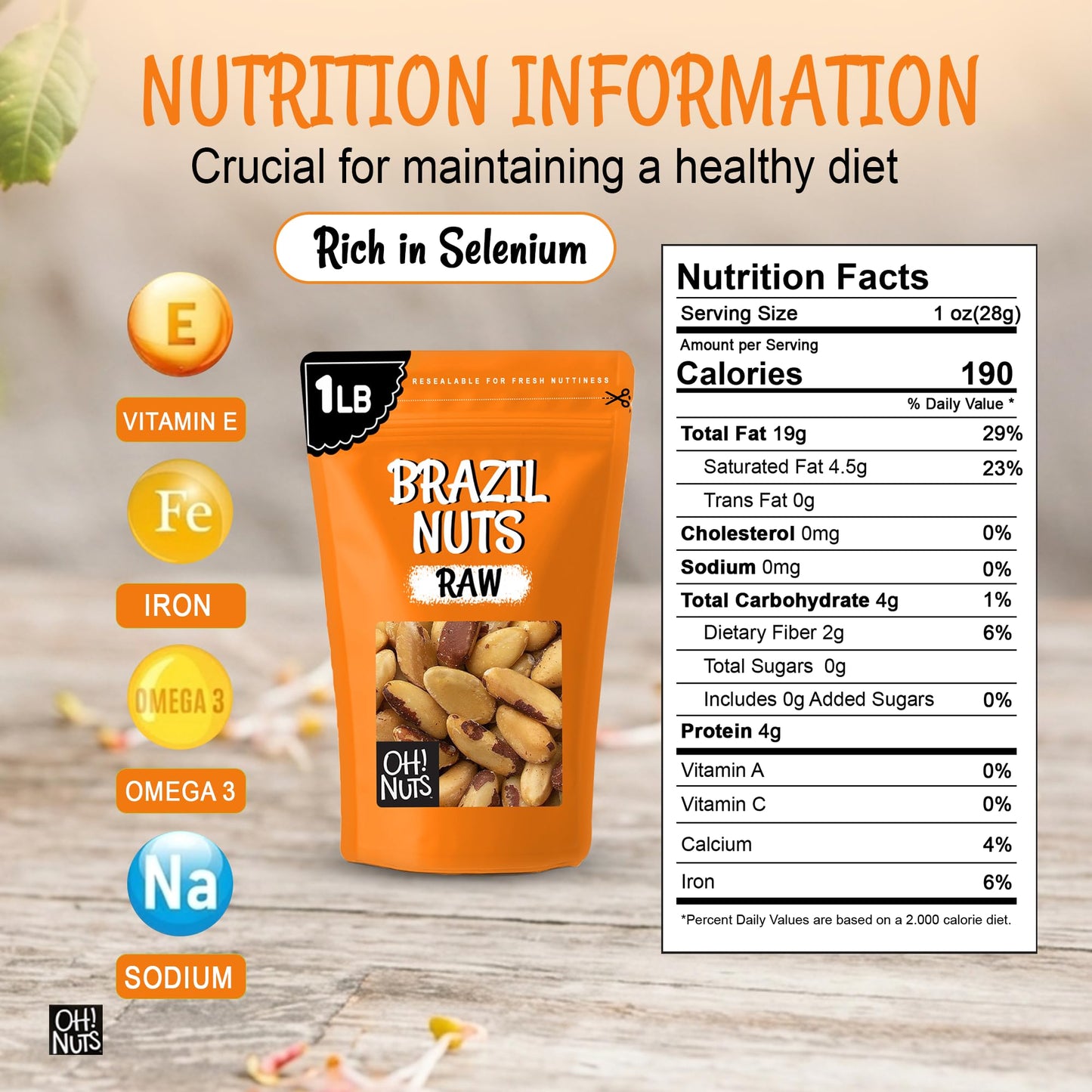 Oh! Nuts Brazil Nuts, Raw, Unsalted, No Shell, Whole - 1 lb in Resealable Bag - 100% Natural Nuts, Rich in Selenium - Vegan, Kosher, Gluten-Free Snack