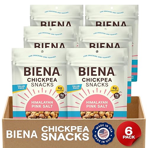 BIENA Chickpea Snacks - Crunchy Roasted Chickpeas - High Fiber Vegan Protein Snacks for Adults and Kids - 6 pack, 12 ounce Bags - Himalayan Pink Salt