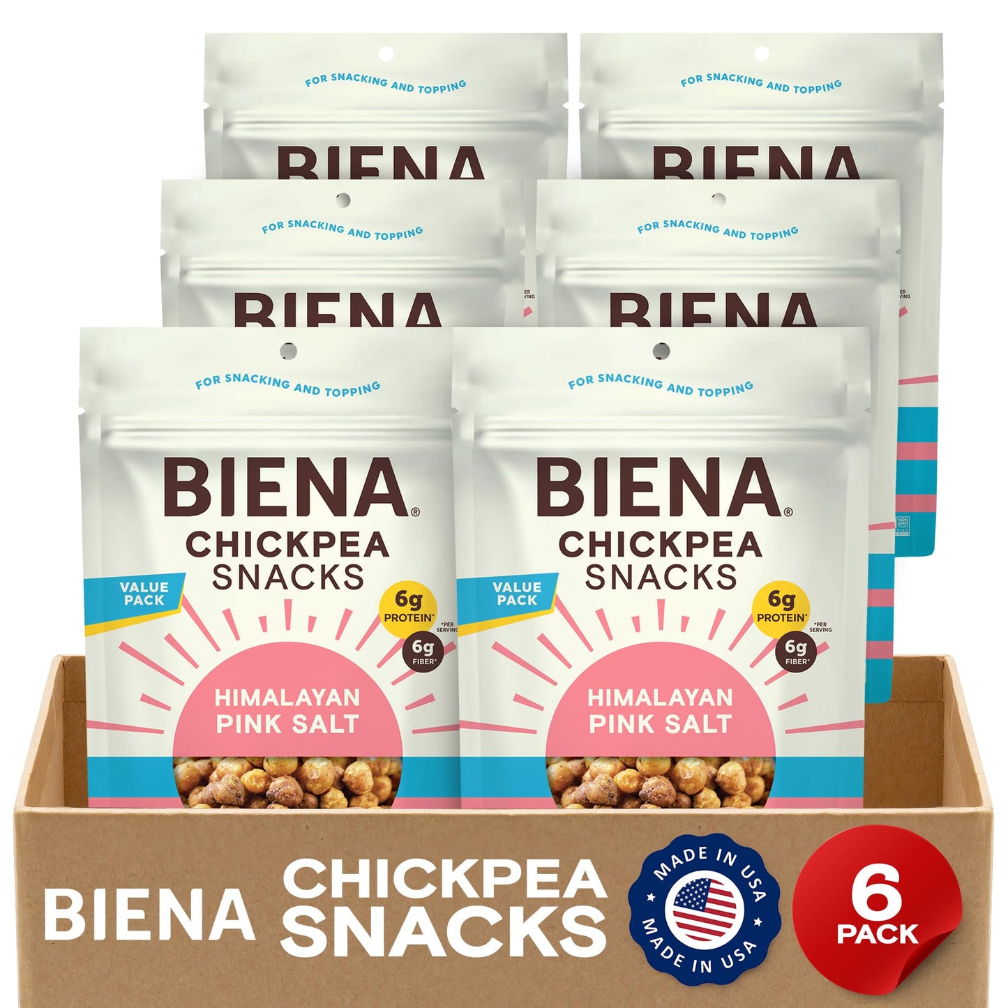 BIENA Chickpea Snacks - Crunchy Roasted Chickpeas - High Fiber Vegan Protein Snacks for Adults and Kids - 6 pack, 12 ounce Bags - Himalayan Pink Salt