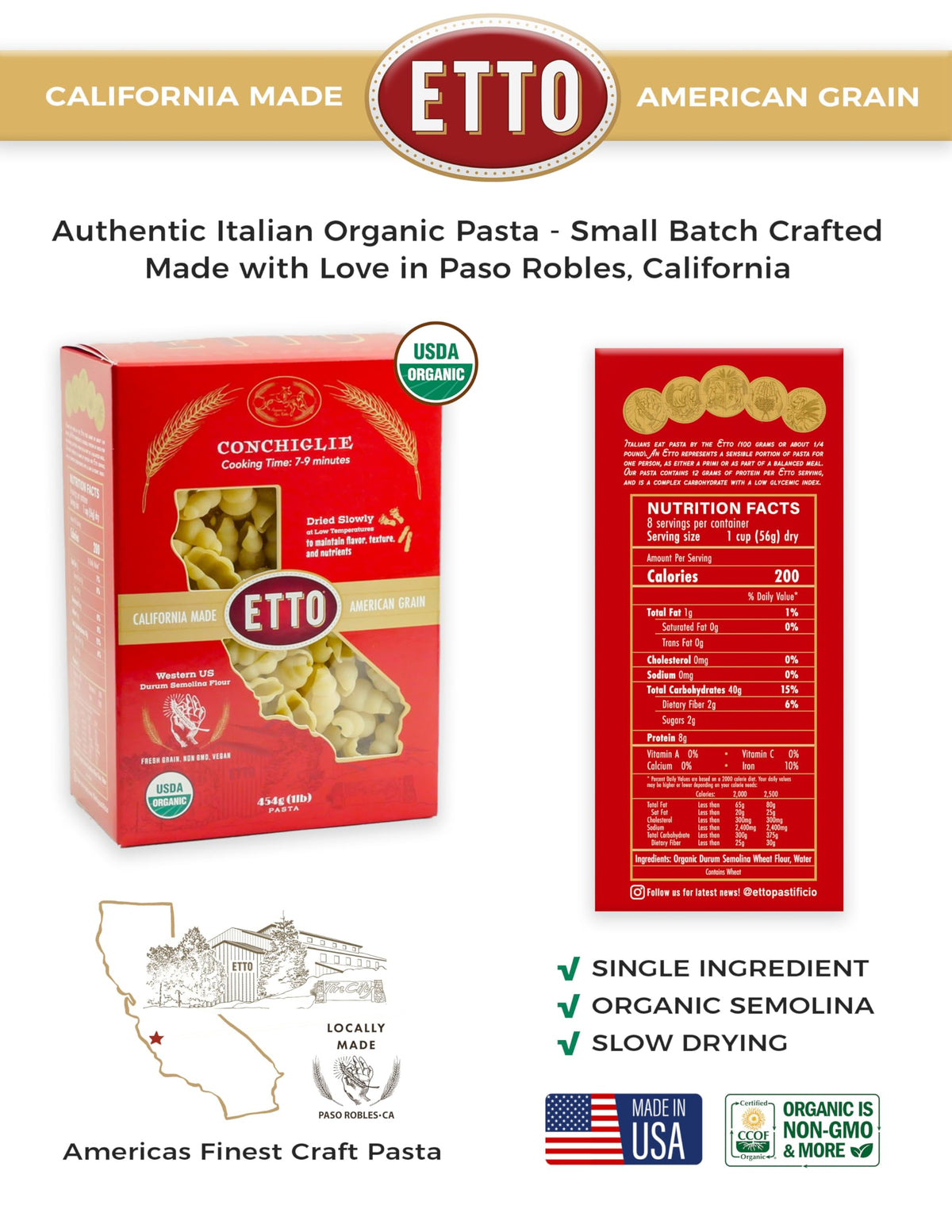 Etto Pasta- Organic Conchiglie Pasta- Single Ingredient- Non-GMO Pasta- Vegan, Vegetarian, Organic Pasta. Protein-rich, All Natural- Durum Wheat