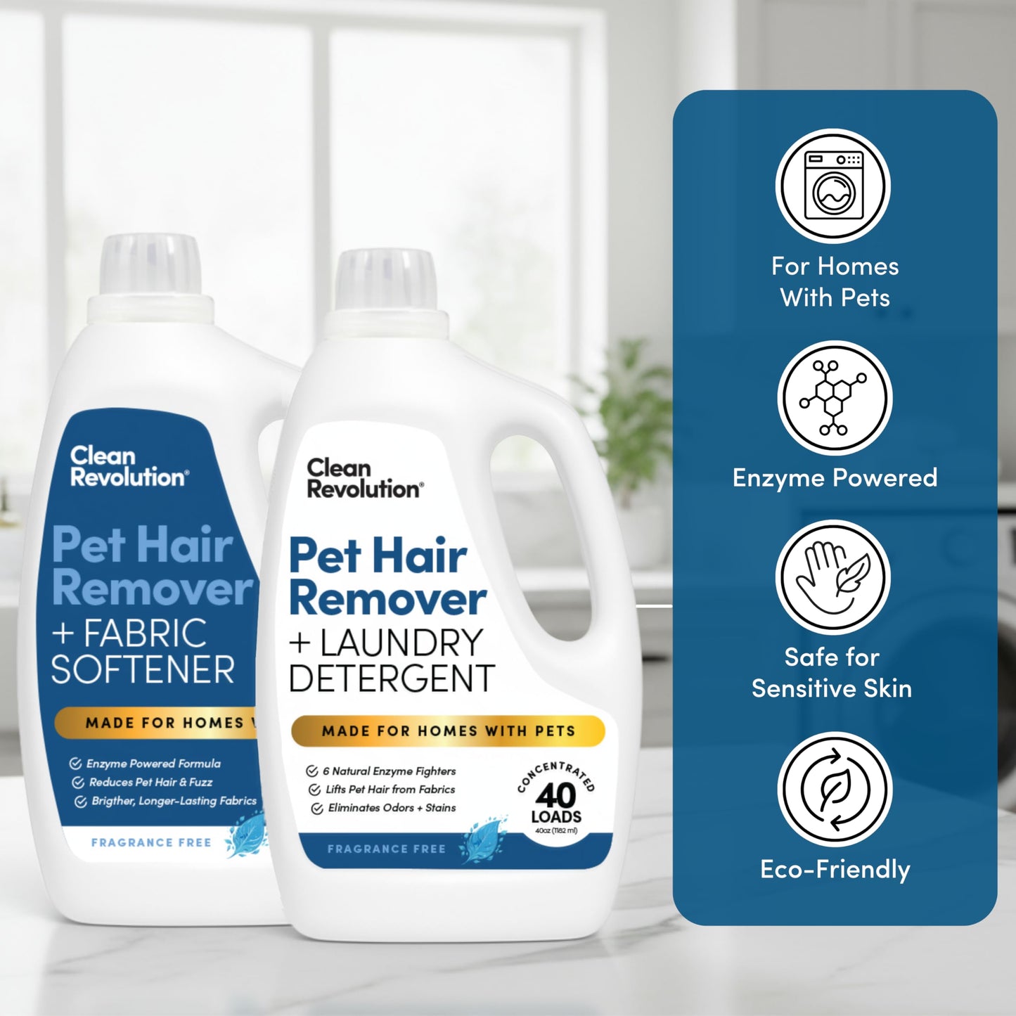 Clean Revolution Pet Hair Remover Laundry System 2-pack: Laundry Detergent + Fabric Softener with HairLift Technology, Fragrance-Free, 6 Natural