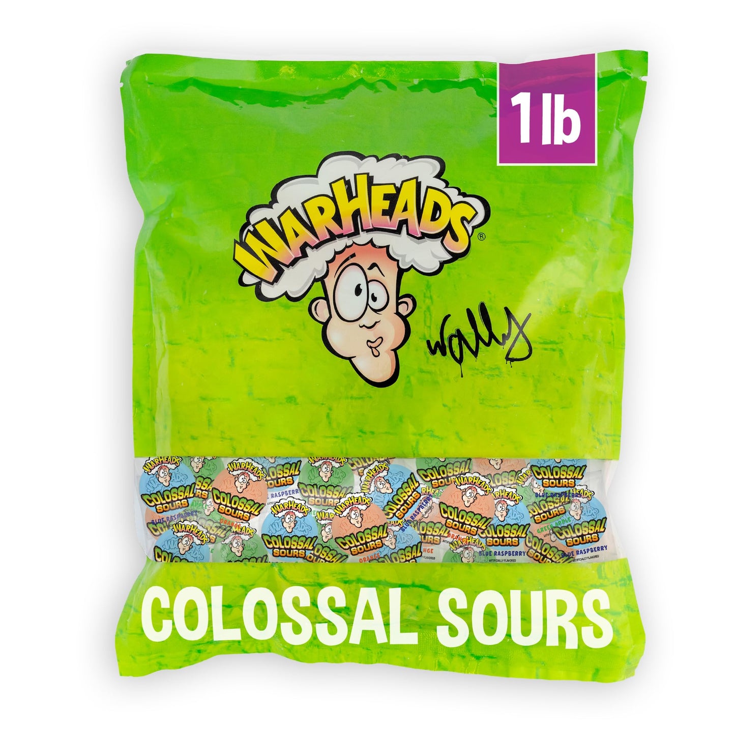 WARHEADS Colossal Sours - Giant Sour and Sweet Candy with a Tangy Crunch - Intense Fruit Flavors - Blue Raspberry, Orange & Green Apple - 1 lb. Bag