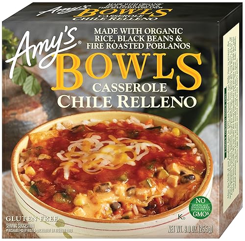 Amy's Frozen Meals, Chile Relleno Casserole Bowl, Made With Organic Rice, Tomatoes and Black Beans, Microwave Meals, 9 Oz