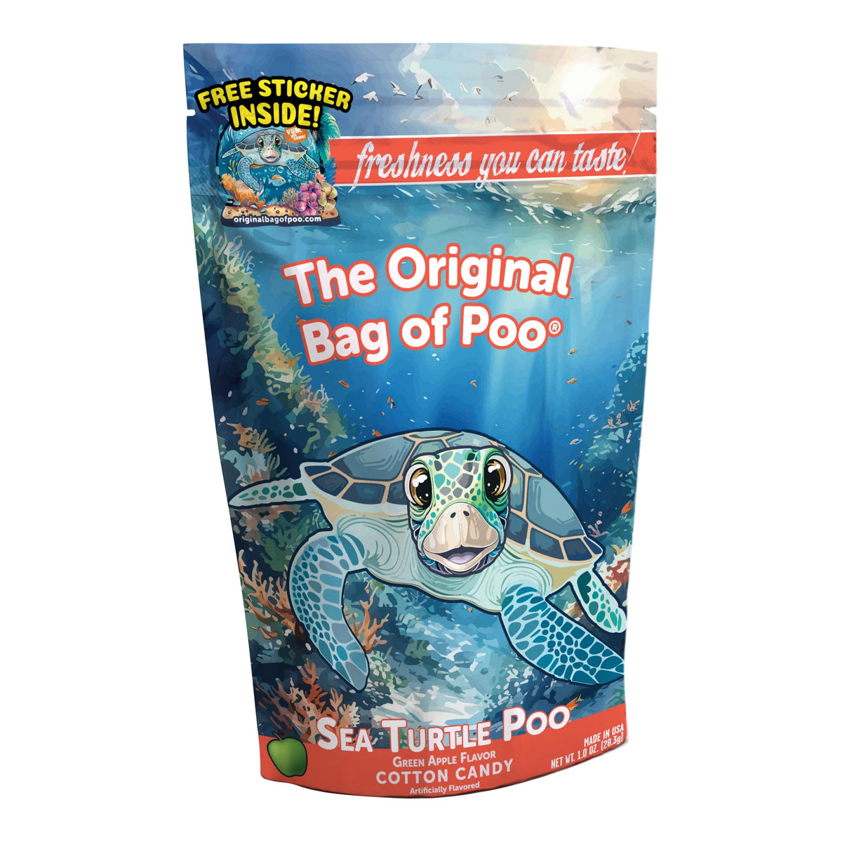 The Original Bag of Poo®, Sea Turtle Poo (Green Apple Flavor Cotton Candy) Novelty Poop Gag Gift. Free sticker inside.
