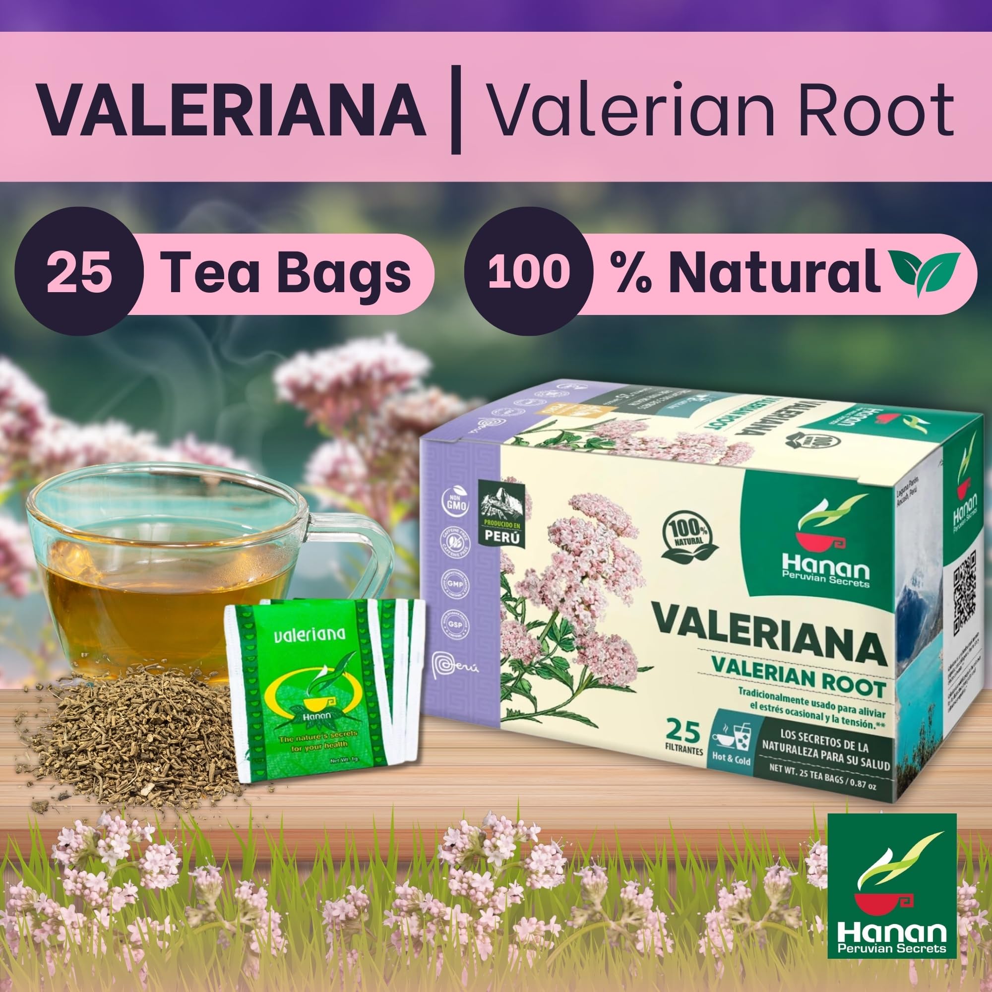 Hanan Valerian Root Tea (Valeriana) - 25 Herbal Tea Bags from Peru - Nature’s Calming Supplement for Relaxation Before Bed - 1000mg Valeerian Valerain