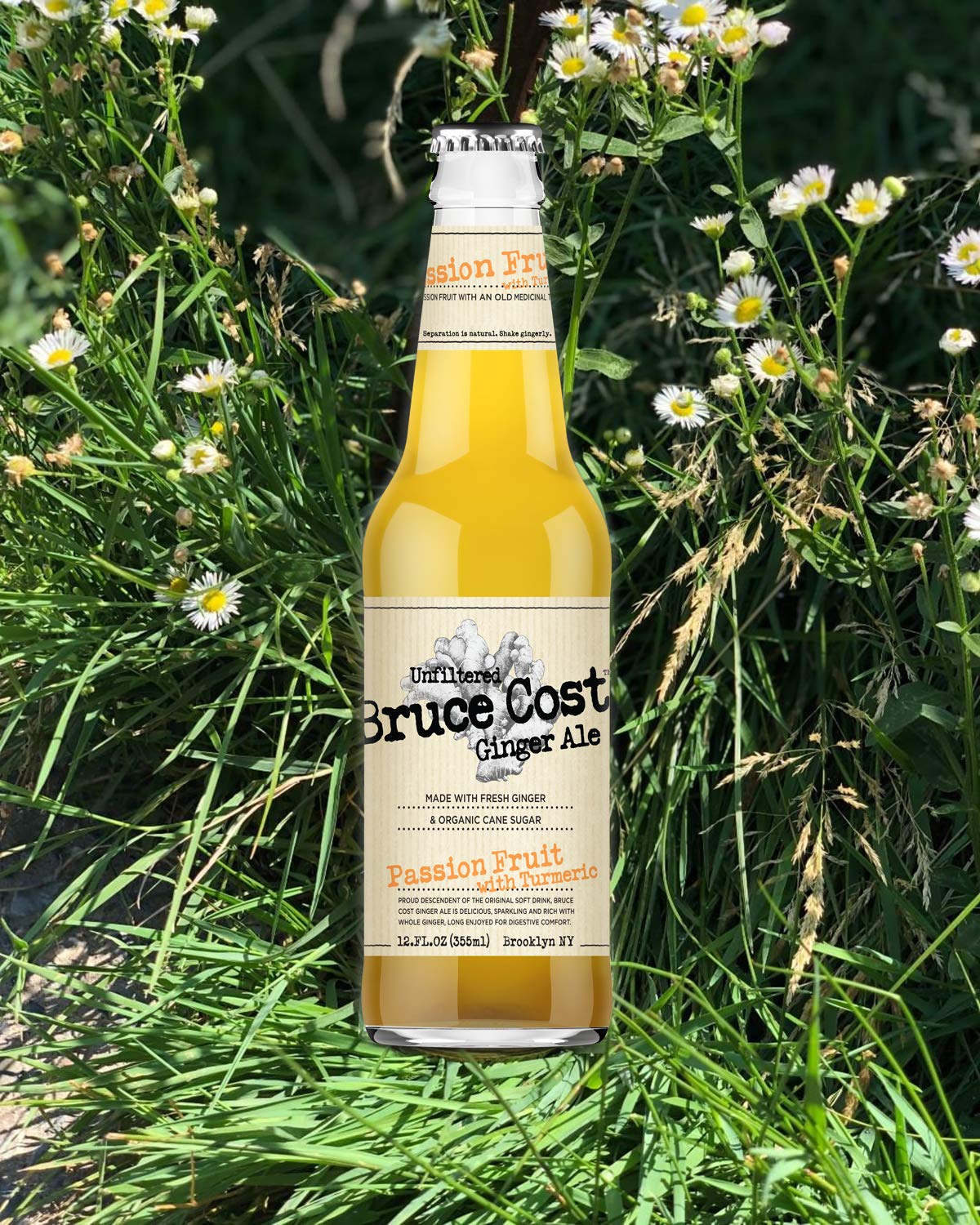 Bruce Cost - Unfiltered Ginger Ale - Passion Fruit with Turmeric - 12 oz (9 Glass Bottles)