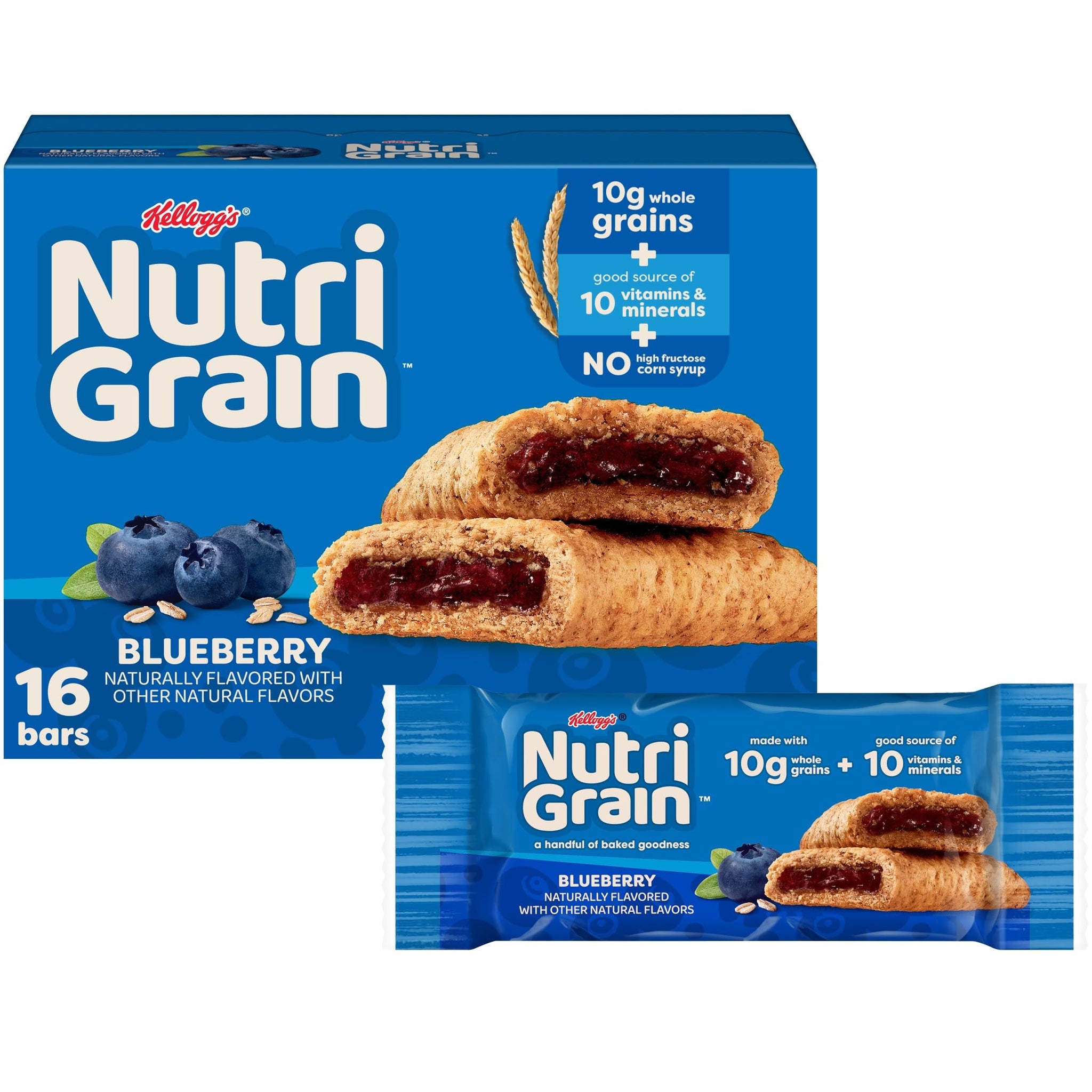 Nutri-Grain Breakfast Bars, Made with 10g Whole Grains, Snack Bars, Blueberry, 20.8oz Box (16 Count)