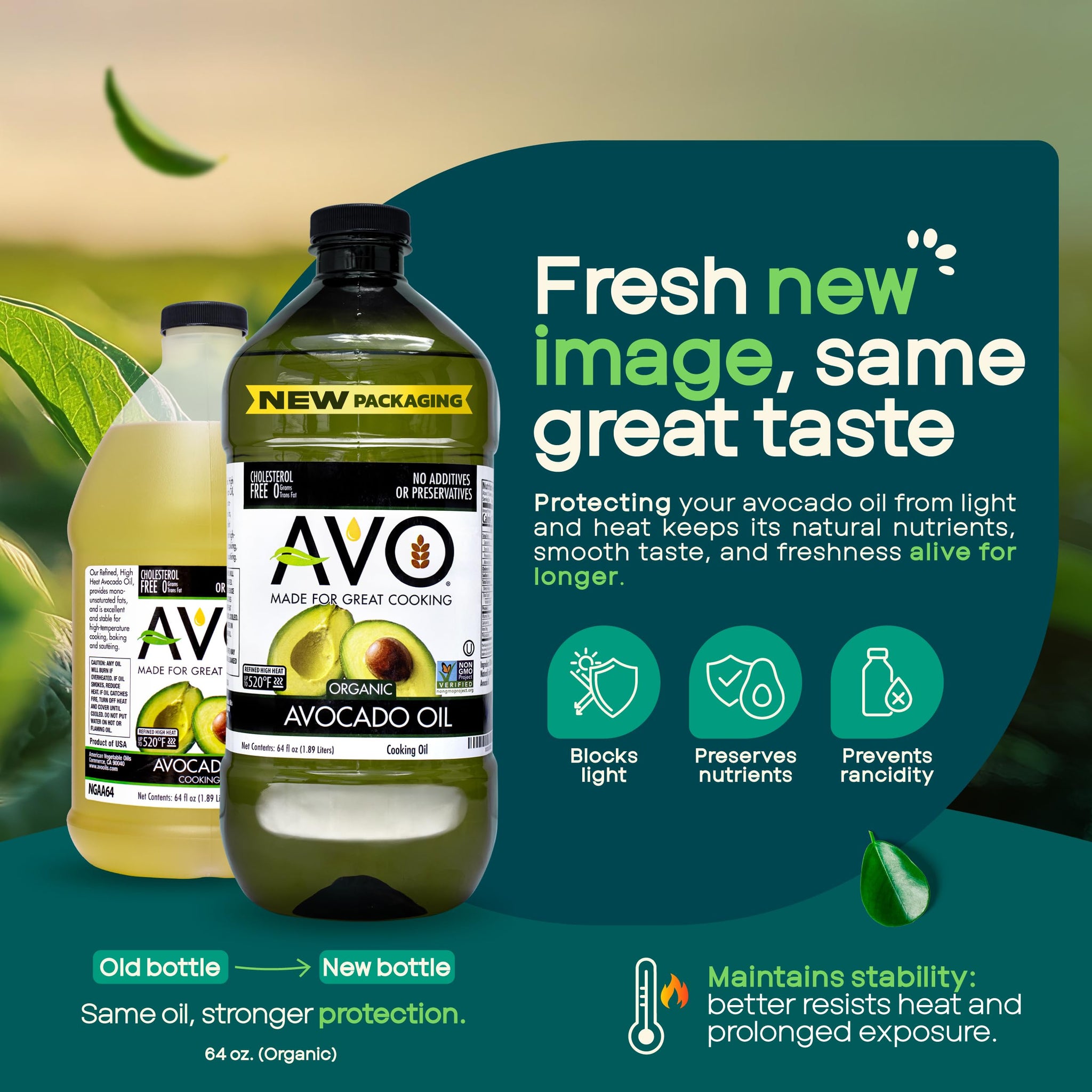 AVO Organic Avocado Oil for Cooking, Frying, Baking, Salads, Vinaigrette, Marinades - General Organic Cooking Oil 64 Fl-oz (Half a Gallon), NO