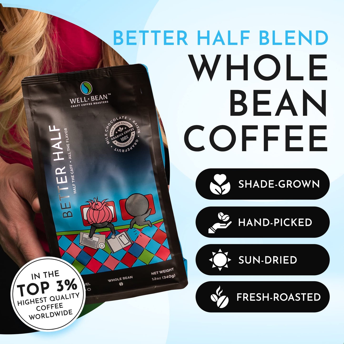 Well-Bean Coffee - Better Half, Light Roast, Half Caff, Whole Bean, Swiss-Water-Processed, No Chemicals, Small Batch, Soecialty Grade,12 oz, Pack of 1
