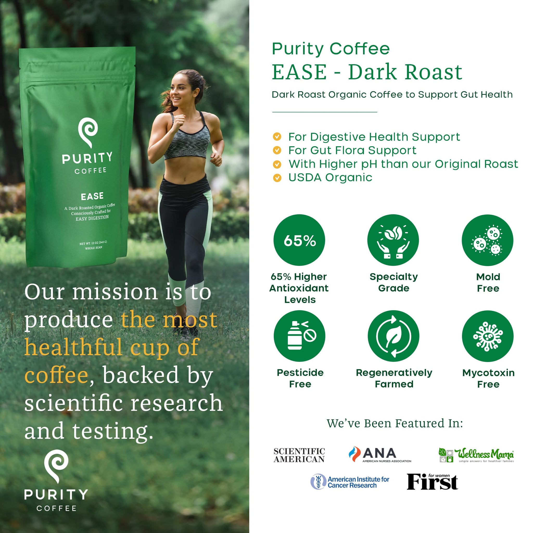 Purity Coffee EASE Low Acid Dark Roast Whole Bean (12oz Bag) | Specialty-Grade USDA Organic Arabica Blend | Third Party Tested for Mold, Mycotoxins