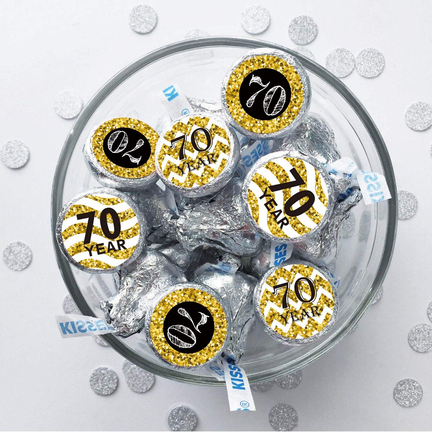 180 Count 70th Birthday Party Favor Labels, Chocolate Drops Stickers for Anniversary, Black and Gold Decorations