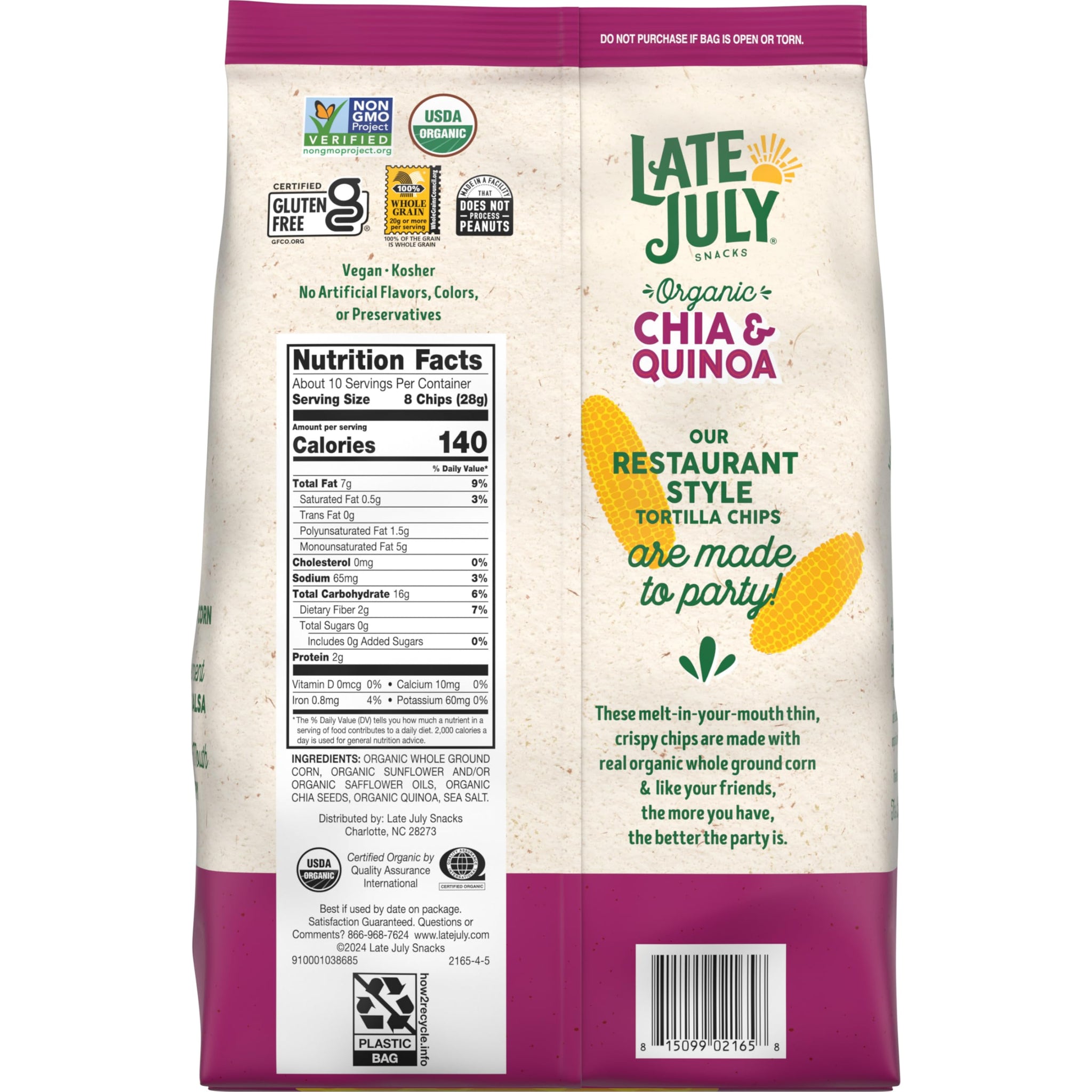 Late July Chia & Quinoa Organic Tortilla Chips, 10.1 Oz Bag
