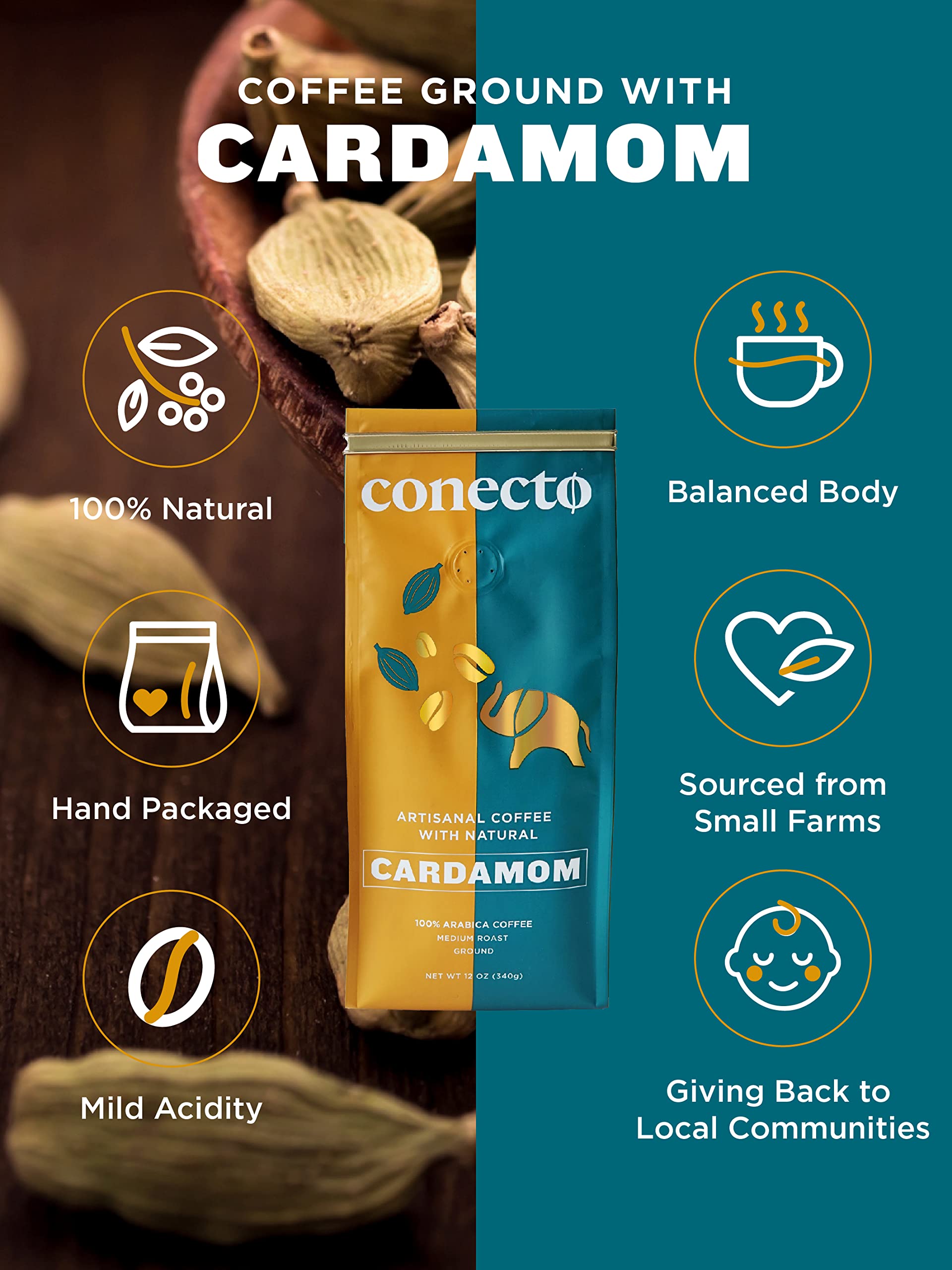 Conecto Cardamom Coffee: 100% Natural and Artisanal, Guatemalan Arabica Ground Coffee Flavored with Clay Pot Roasted Cardamom, Medium Roast and Mild