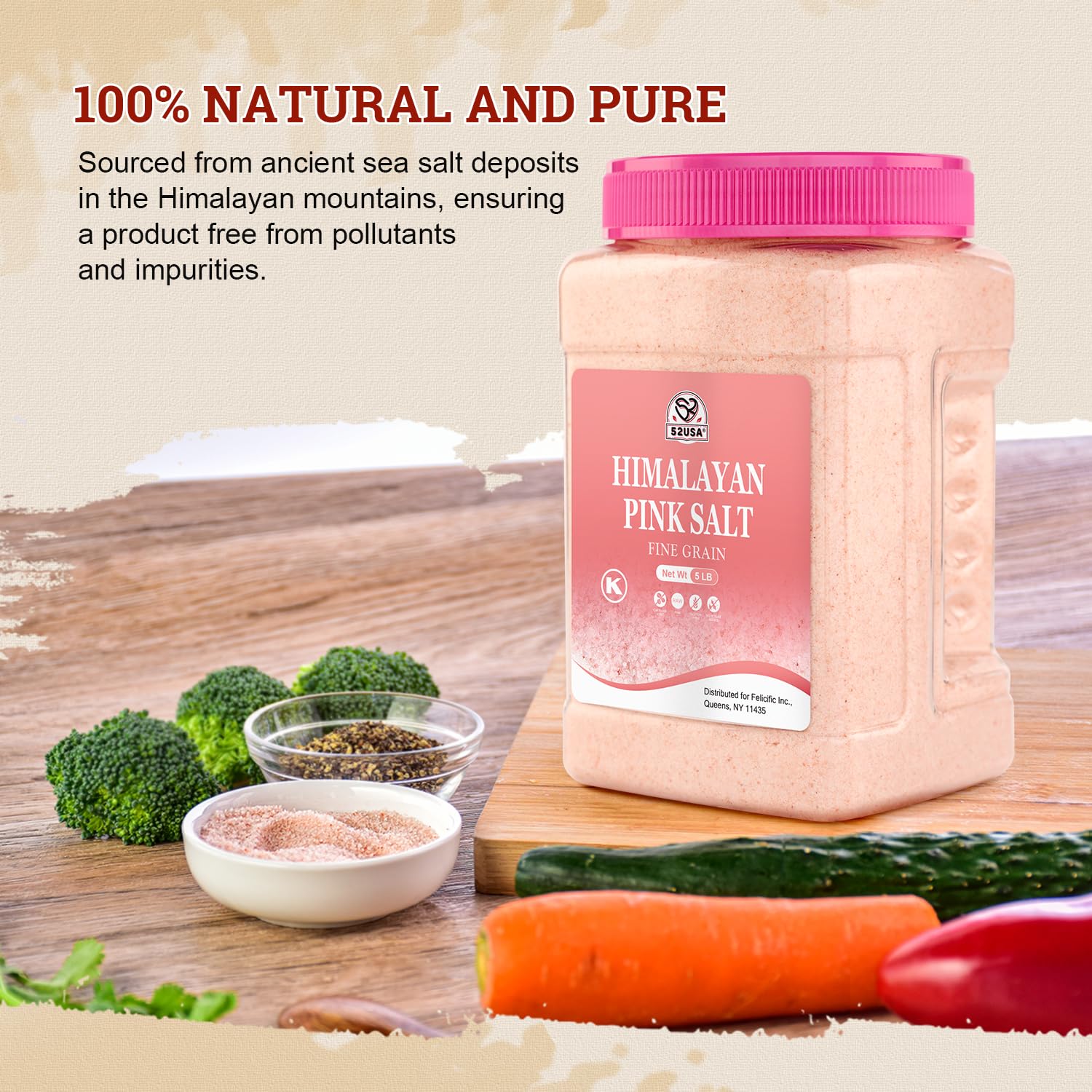 52USA Himalayan Pink Salt Fine, Fine Ground Table and Cooking Salt, 80oz (5 Pound), 100% Real, Pure, Unrefined Himalayan Pink Salt, Pink Himalayan Sea
