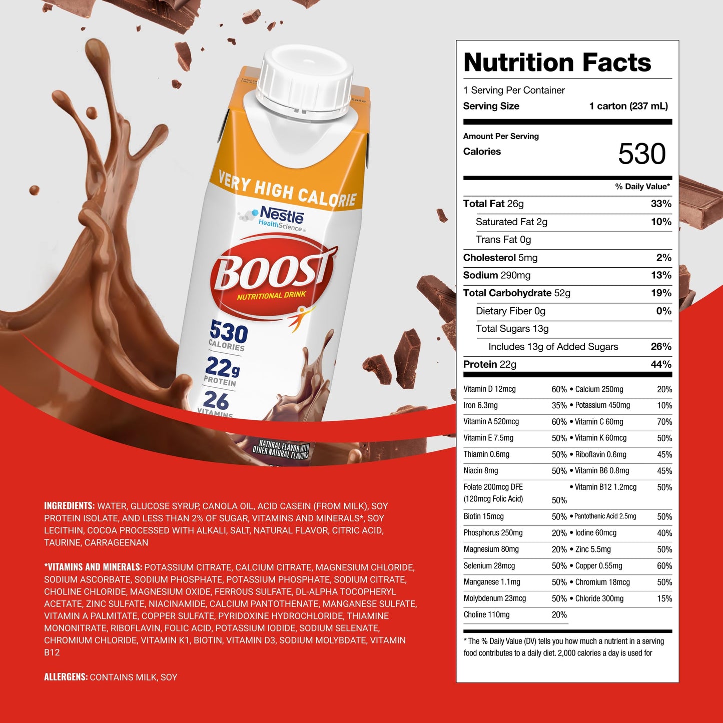 BOOST Very High Calorie Nutritional Drink - Helps Weight Gain & Maintenance - 530 Calories - 26 Vitamins & Minerals - 22 g Protein - Calorie-Dense
