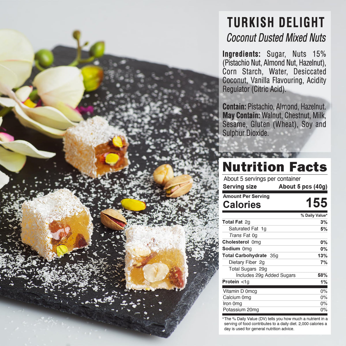 HazerBaba Coconut Dusted Turkish Delight Candy,%15 Nut-Rich,7oz(Pack of 1)