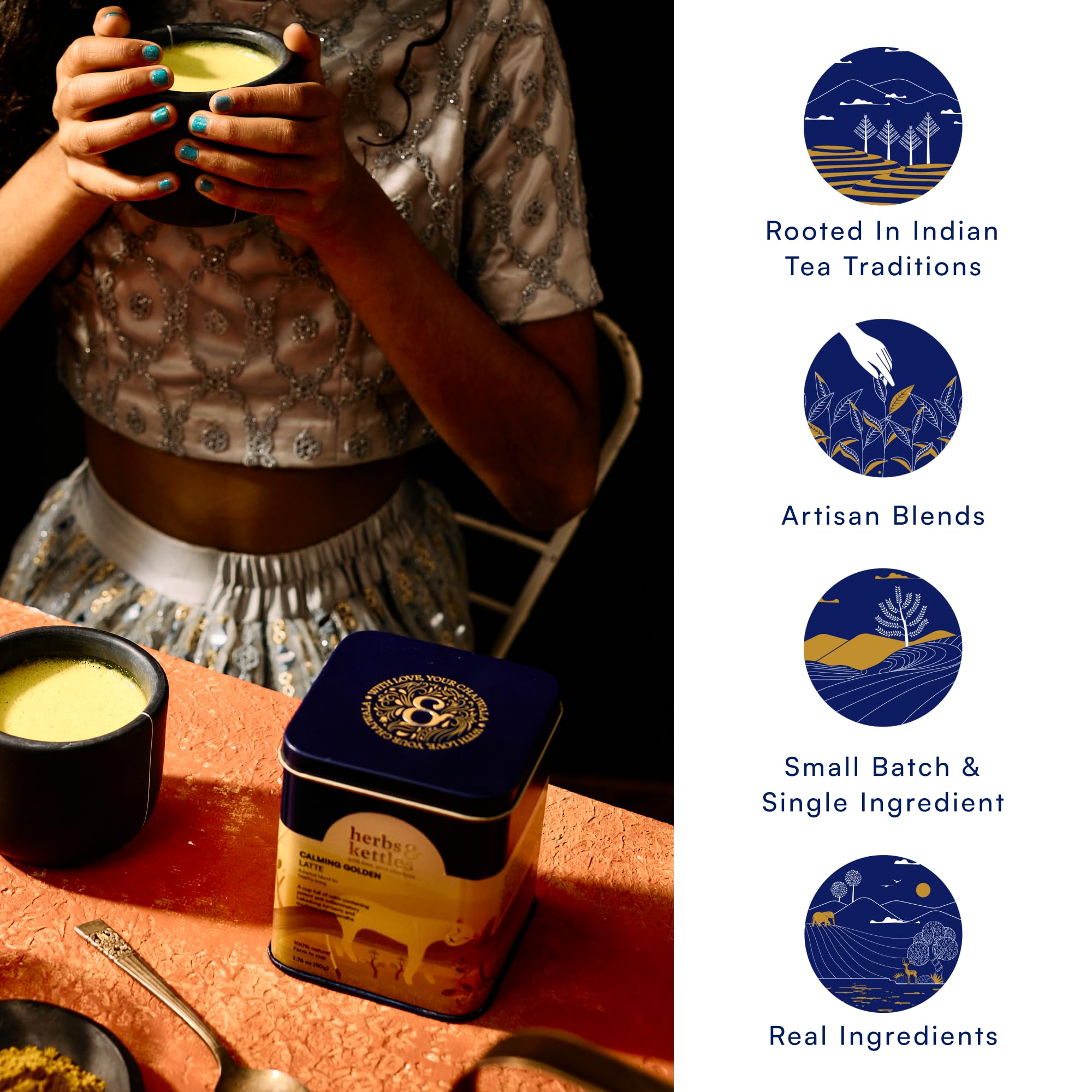 Herbs & Kettles Calming Golden Turmeric Latte | Caffeine-Free Blend with Turmeric, Ashwagandha & Spices | 25-30 servings | Ayurvedic Drink
