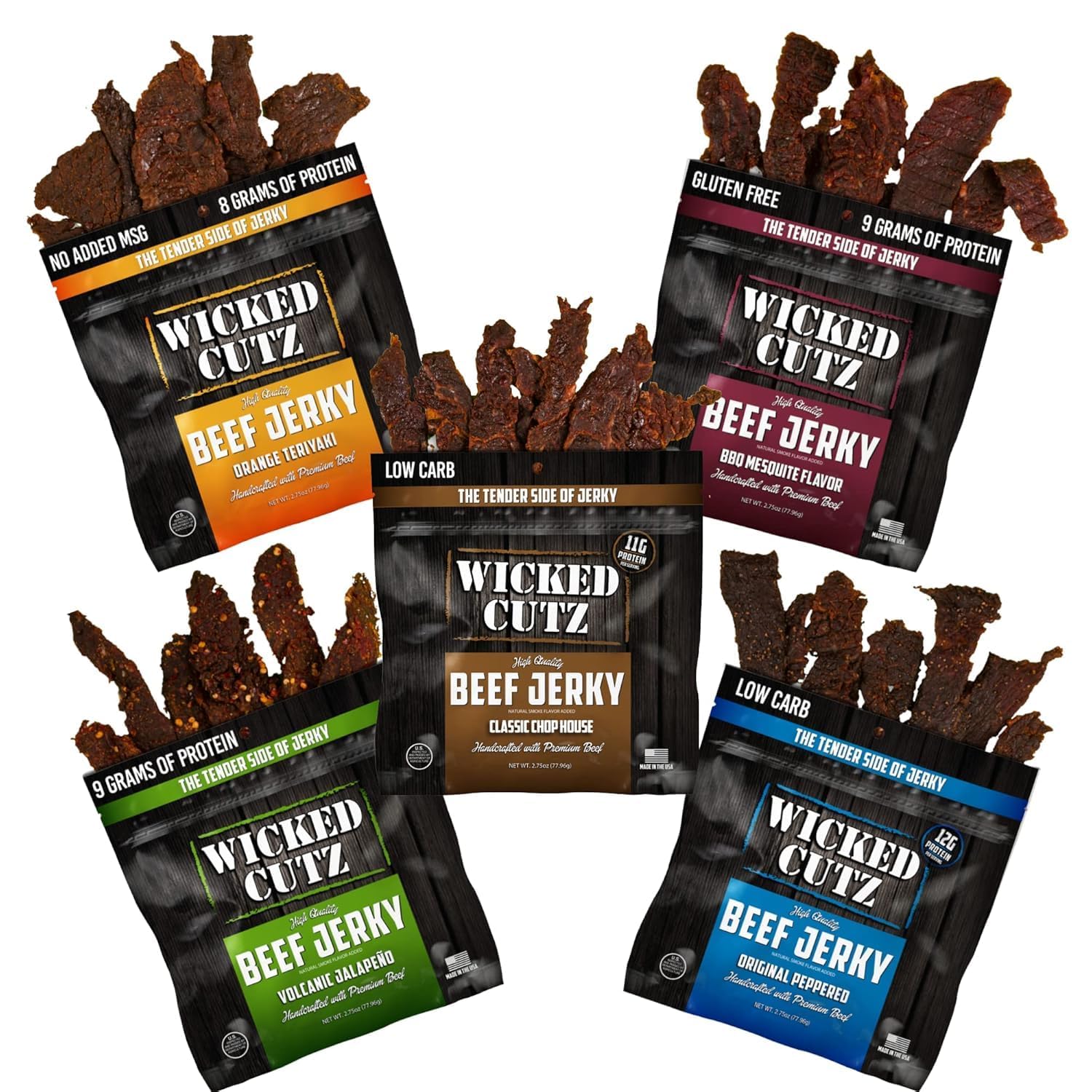 Beef Jerky Variety Pack | 5 Flavors & Up to 36g Protein Per Bag | Exceptionally Tender, Bold Flavors, USA Made, High Protein Carnivore Snacks | Jerky