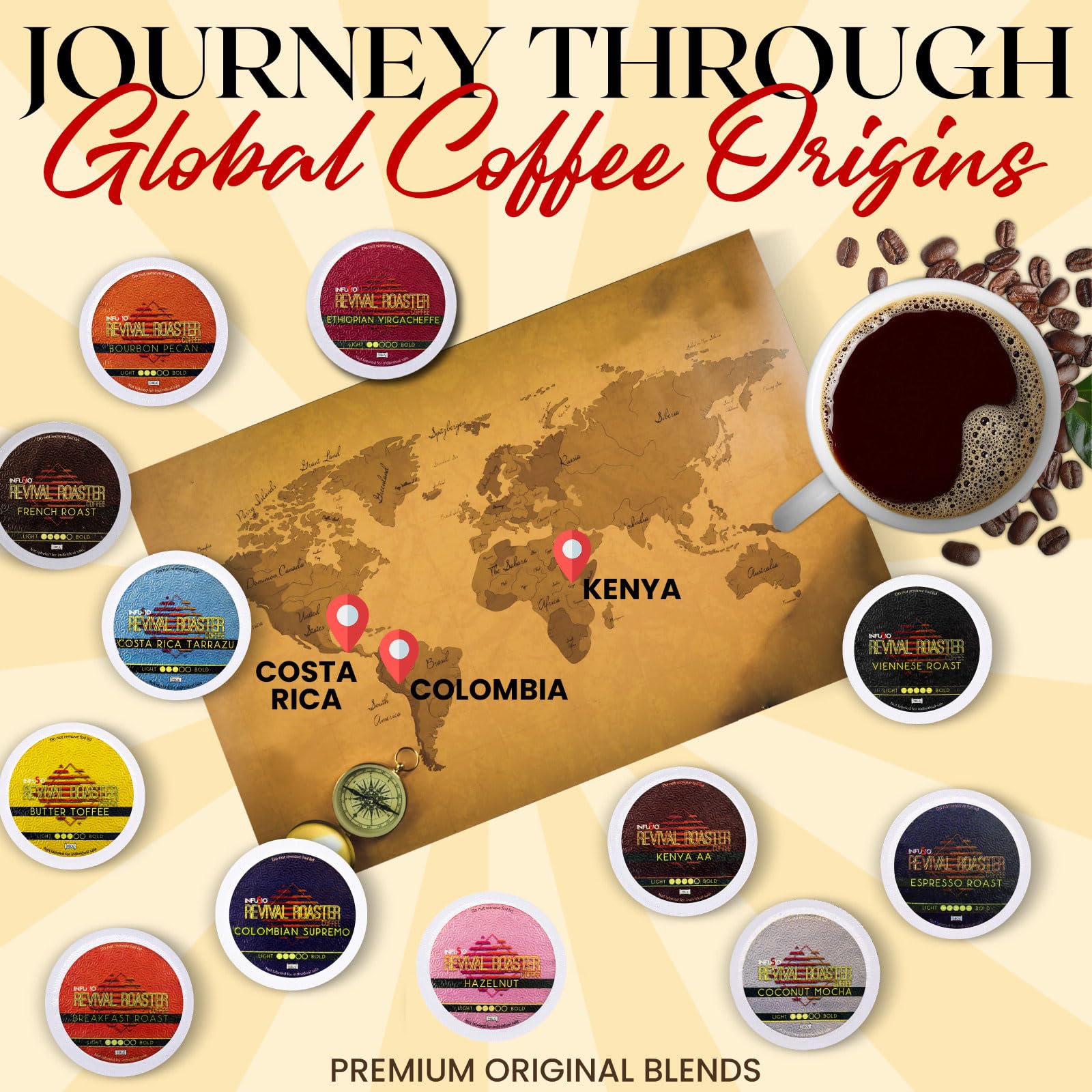InfuSio Coffee Pods Variety Pack - 96 Count, 12 Crafted Medium & Dark Roast Blends and Artisan-Inspired Flavors Like Bourbon Pecan & Butter Toffee