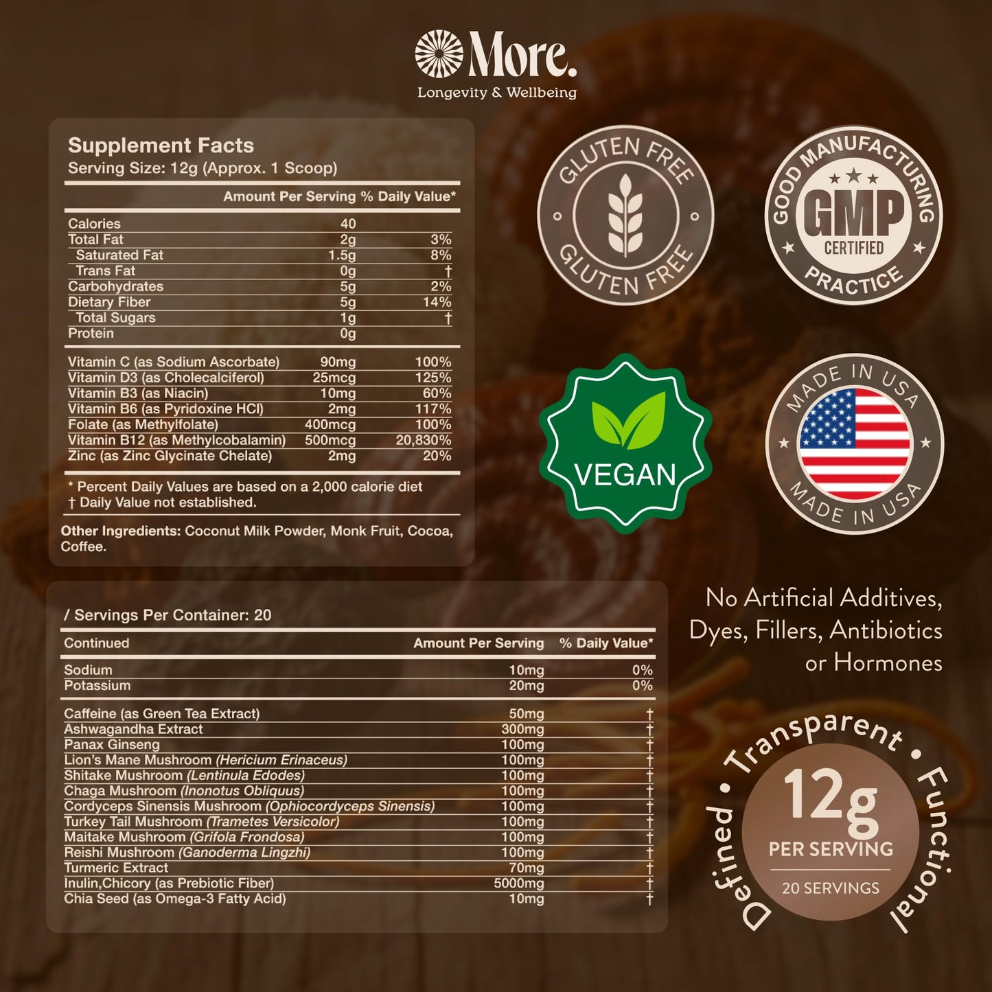More. Longevity & Wellbeing Premium Mushroom Coffee Superfood - 7 Functional Mushroom Extracts with Lion’s Mane, Reishi, Chaga & Ashwagandha, Instant
