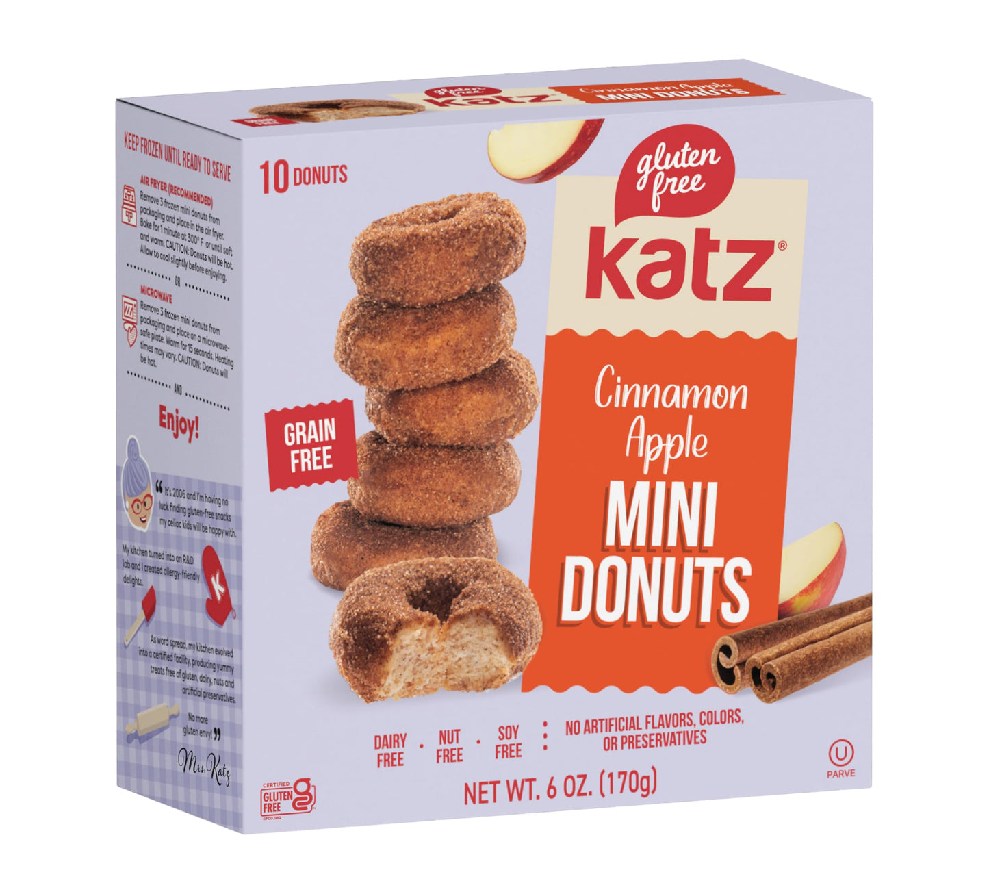 Katz Gluten Free Mini Cinnamon Apple Donuts. Fresh Baked Donuts Made With Apple Chunks and Dusted In Cinnamon Sugar. Grain Free. Tree Nut Free, Peanut
