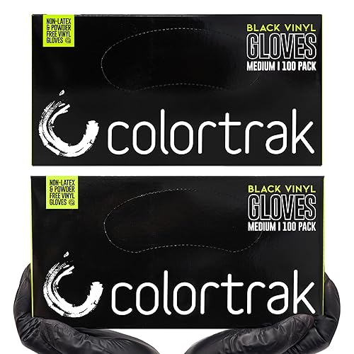 Colortrak Black Vinyl Gloves, Disposable Latex-Free & Powder-Free Hair Color Gloves for Chemical Processing & Salon Services, 200 Count (2 Boxes)