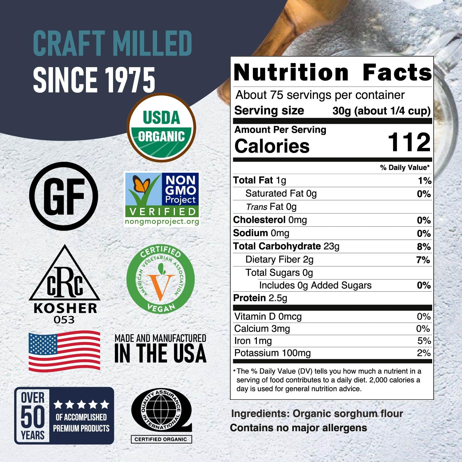 Great River Milling Organic Sorghum Flour | Gluten Free Whole Grain Flour | USDA Organic, Non-GMO, Kosher, Vegan Certified | Mild, Versatile Baking