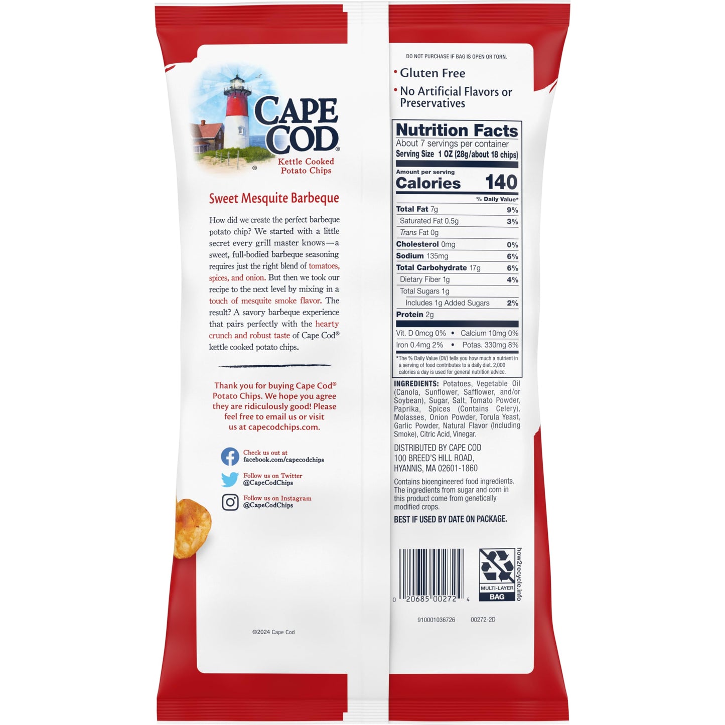 Cape Cod Potato Chips Sweet Mesquite Barbeque Kettle Chips, 7.5 Oz