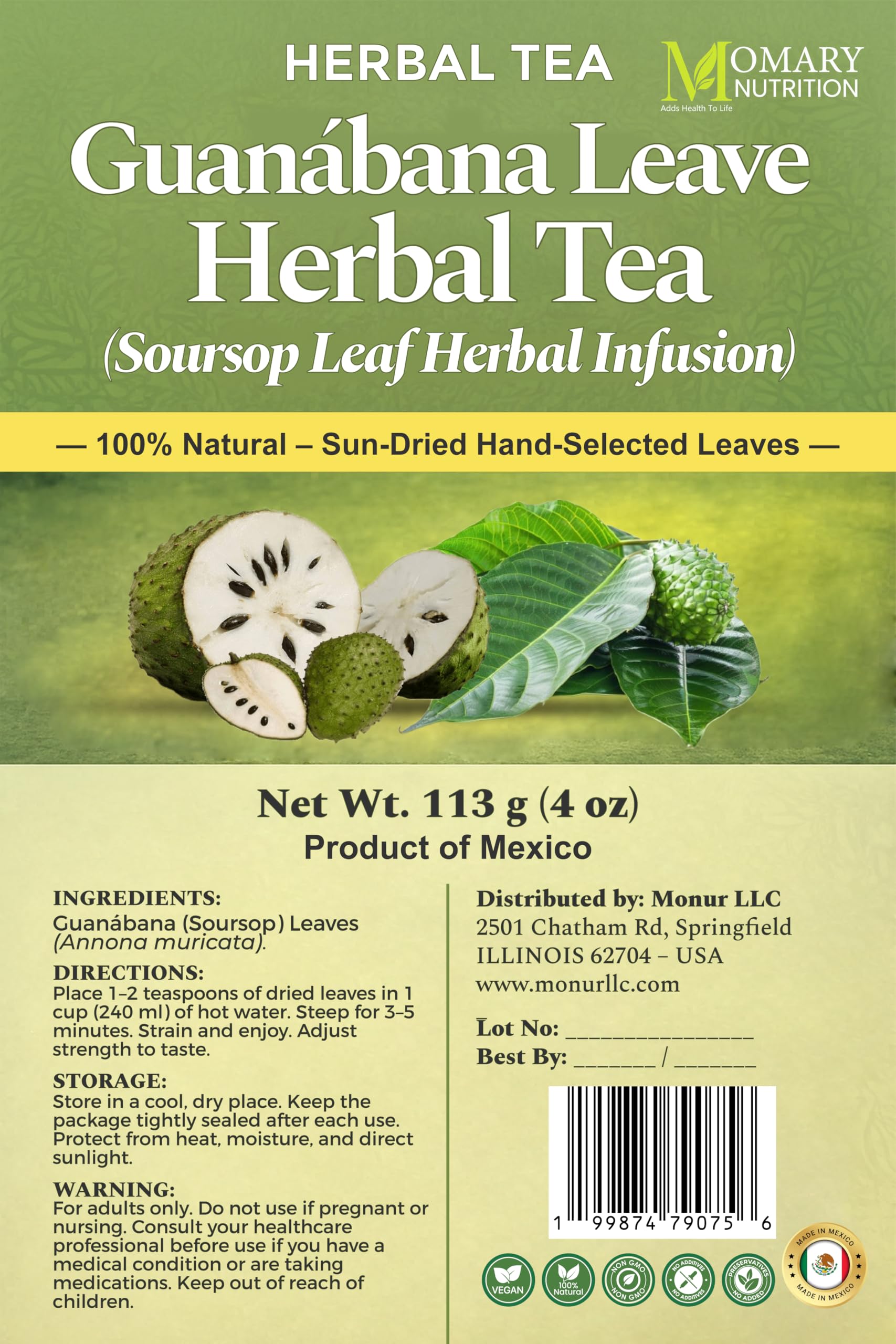 Guanábana Leaves Herbal Tea - Soursop Leaves (Annona muricata) - Jumbo Size - Net Wt. 113 g (4 oz) - 100% Natural, Hand-Selected, Sun-Dried Leaves