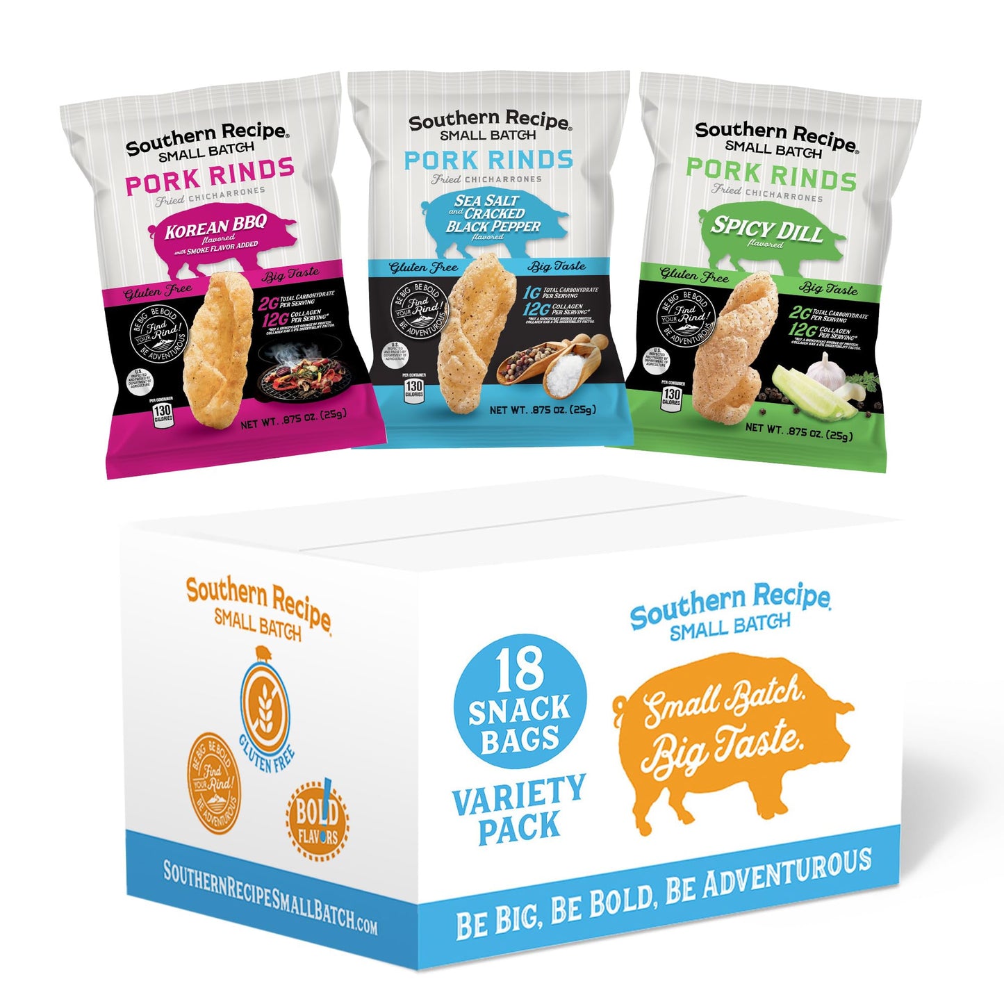 Pork Rinds Variety Pack | Salt & Pepper, Korean BBQ, & Spicy Dill | Southern Recipe Small Batch Chicharrones | Keto Friendly & Low Carb | Snack Bag