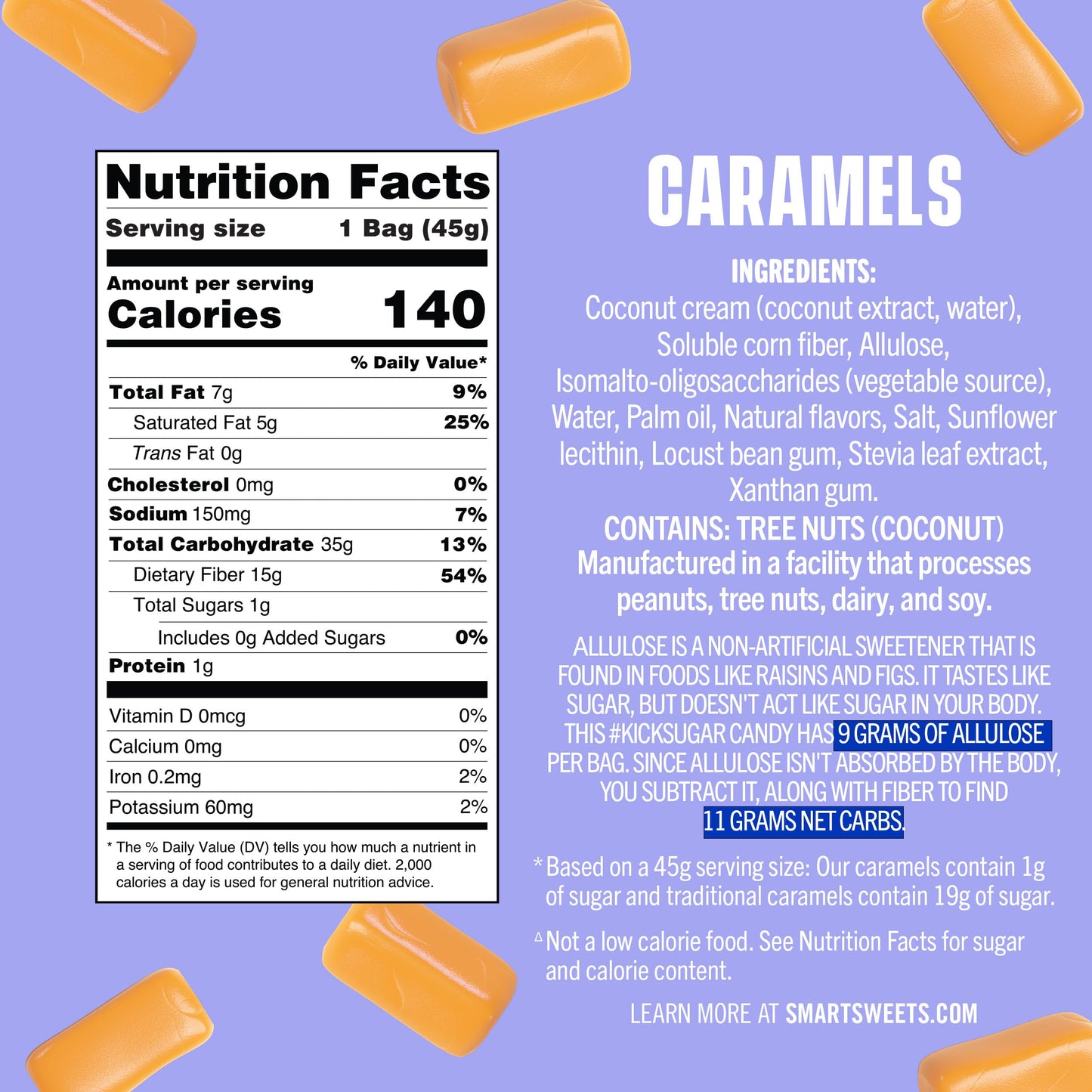SmartSweets Caramel Candies, 1.6oz (Pack of 12), Creamy Candy with Low Sugar (1g), Low Calorie (140), Plant Based, Gluten Free, No Artificial Colors