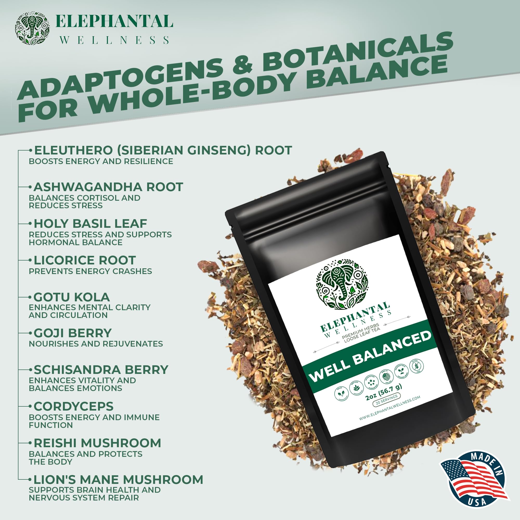Elephantal Wellness Premium Well Balanced Herbal Tea | Healthy Cortisol, Adaptogenic Stress Energy Support with Ashwagandha, Goji, Reishi, Holy Basil