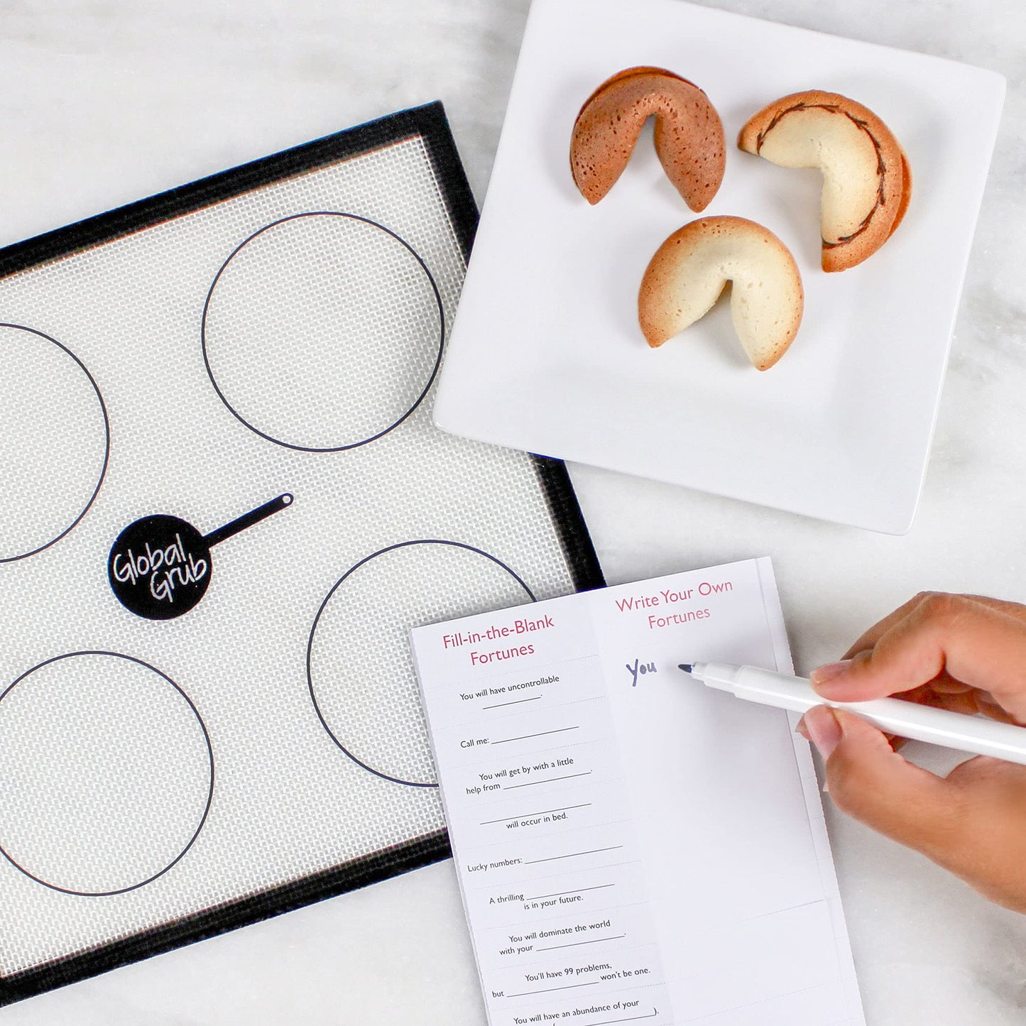 Global Grub DIY Fortune Cookie Kit | Makes 48 | Includes Flour, Sugar, Cocoa Powder, Baking Mat, Paper Fortunes, Edible Ink Pen, Detailed Instructions