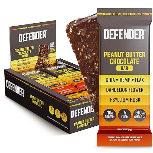 Defender Vegan Protein Bar, Peanut Butter Chocolate, Plant Based Snack or Breakfast Bars, Psyllium Husk, Dandelion Root, High Fiber, Non GMO, Kosher