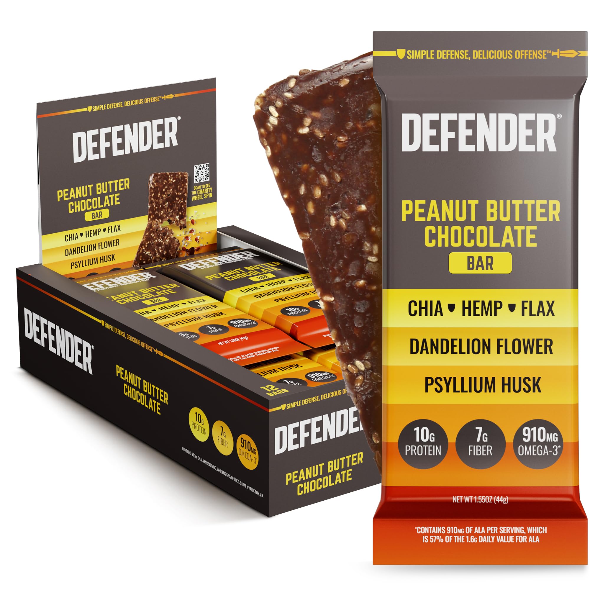 Defender Vegan Protein Bar, Peanut Butter Chocolate, Plant Based Snack or Breakfast Bars, Psyllium Husk, Dandelion Root, High Fiber, Non GMO, Kosher