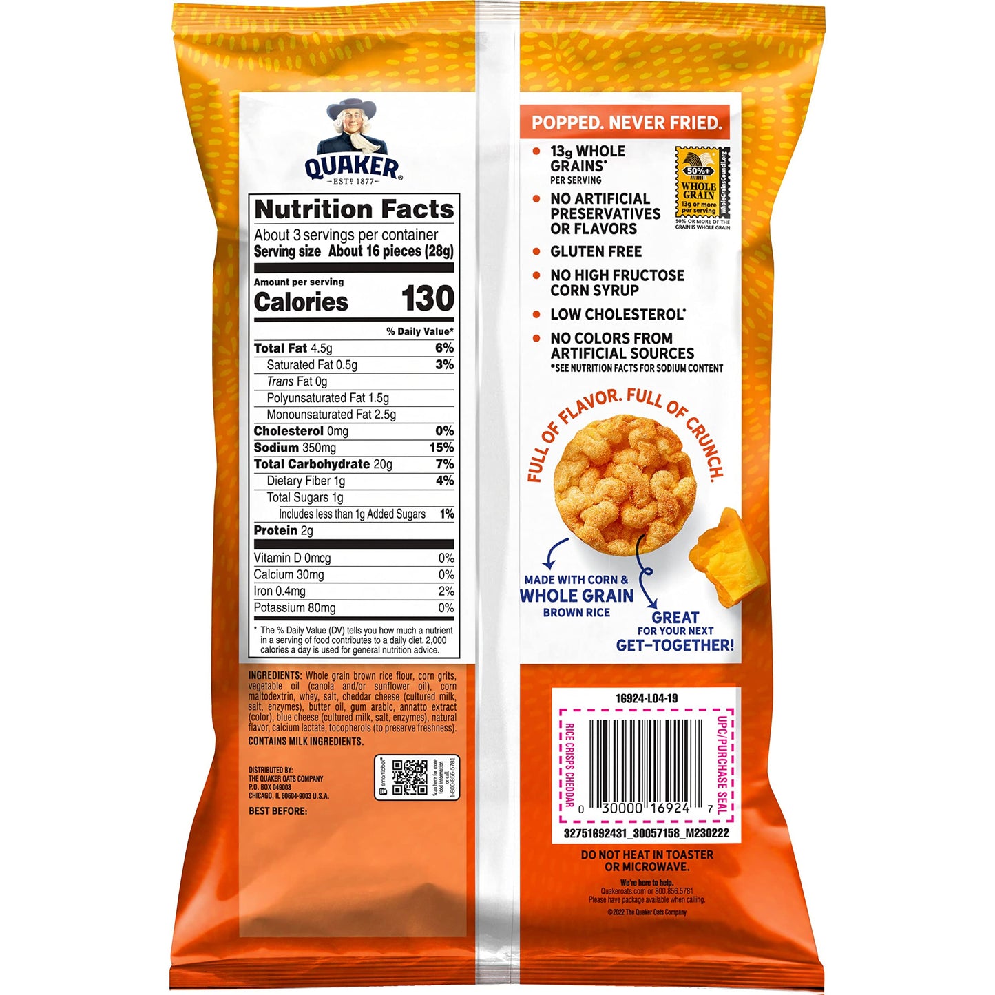 Quaker Popped Rice Cake Cheddar Cheese, 3.03 Oz