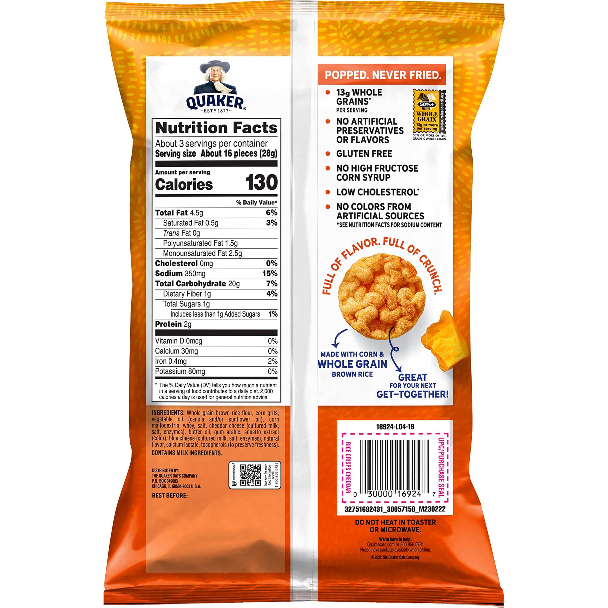 Quaker Popped Rice Cake Cheddar Cheese, 3.03 Oz