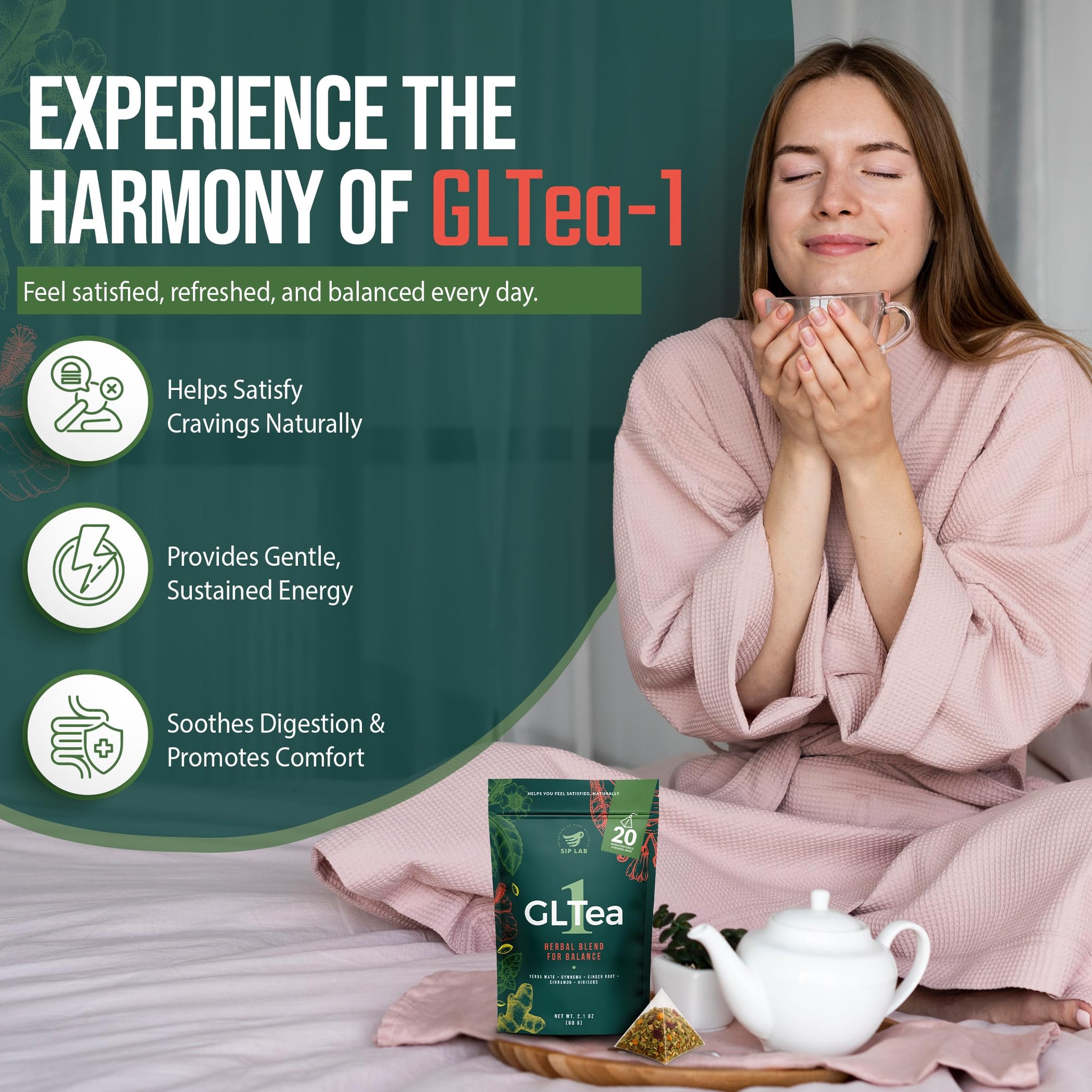 Sip Lab GLTea-1 Yerba Mate Tea Bags | 8 Botanical Blend with Gymnema, Ginger, Cinnamon, Hibiscus | Natural Energy, No Coffee Crash | Premium Pyramid