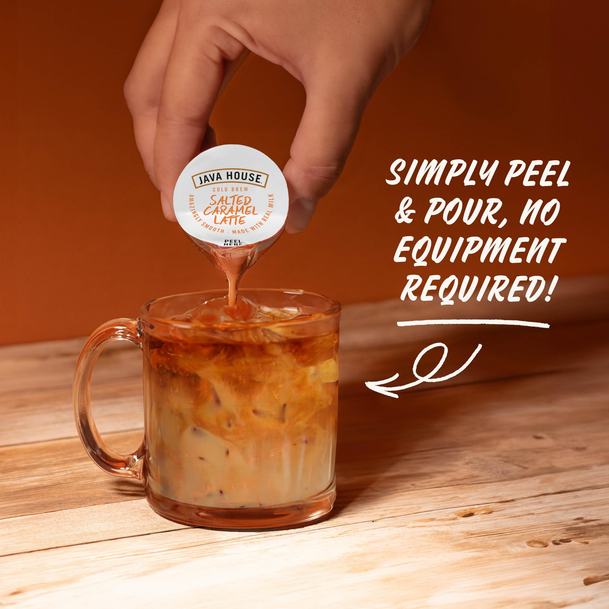 JAVA HOUSE Salted Caramel Latte Cold Brew Coffee Capsules, 1.35 Fluid Ounces (12 Count) Peel and Pour, TSA Approved, Travel Friendly Cold Brew, Hot or