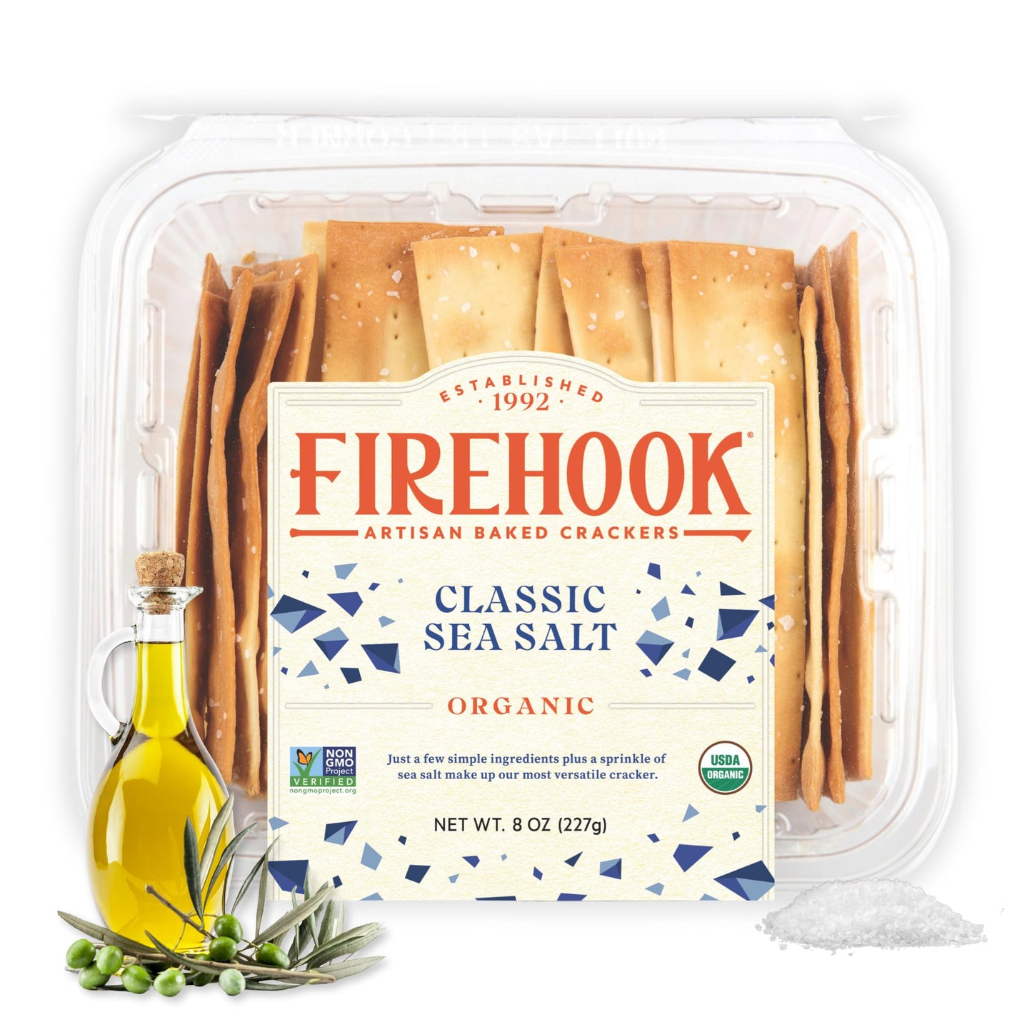 Firehook Sea Salt Crackers - Artisan Baked, Uniquely Crunchy, Baked with Simple Ingredients - Organic, Non-GMO, Kosher - 8 oz Box