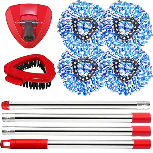 Mop Head Replacement for O Cedar, Spin Mop Replacement Head for O Cedar RinseClean 2 Tank System, 4 Microfiber Mop Refills,1 Scrub Brush,1 Base