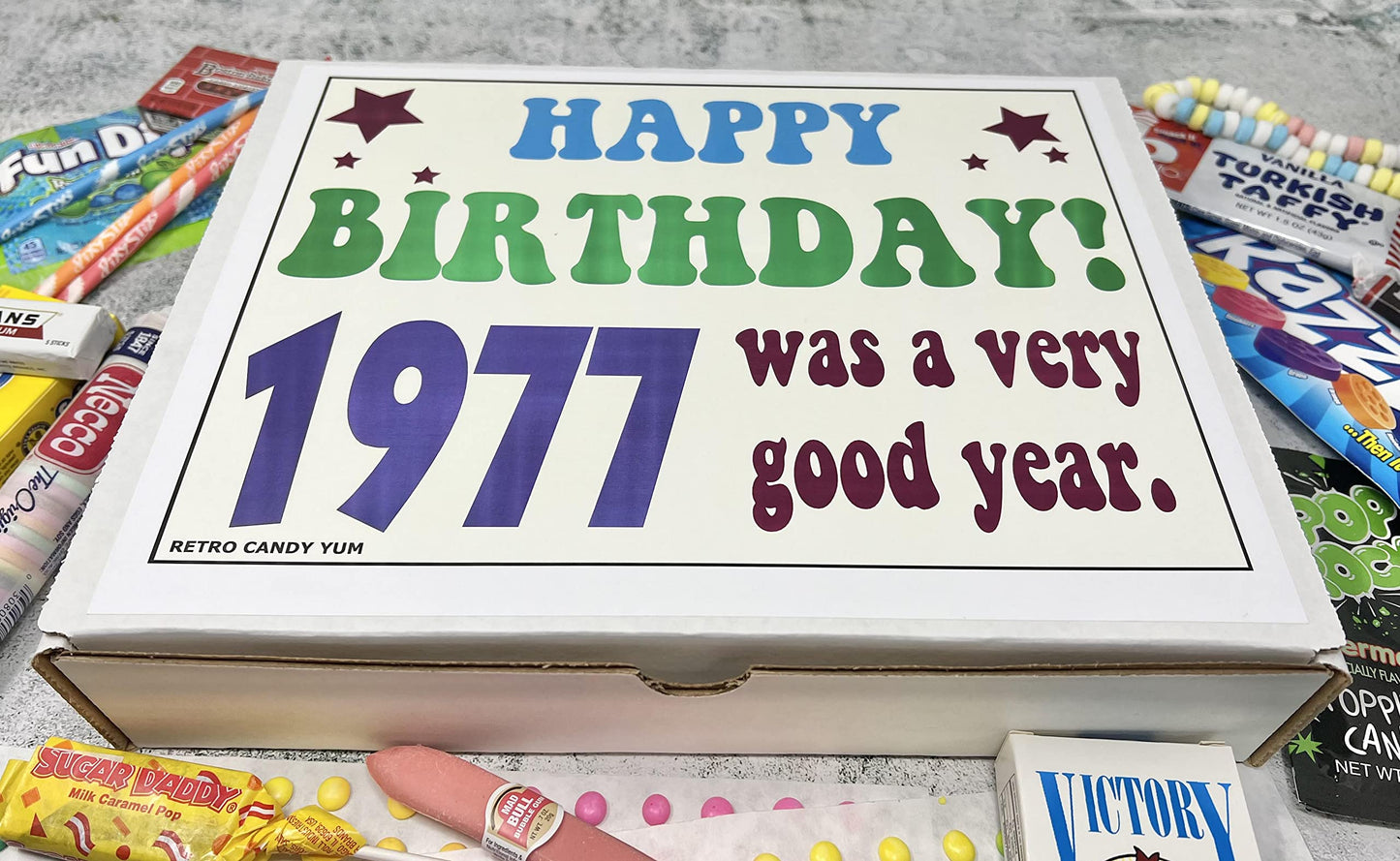 RETRO CANDY YUM ~1977 49th Birthday Gift Box Classic Nostalgic Candy from Childhood for 49 Year Old Man or Woman Born 1977