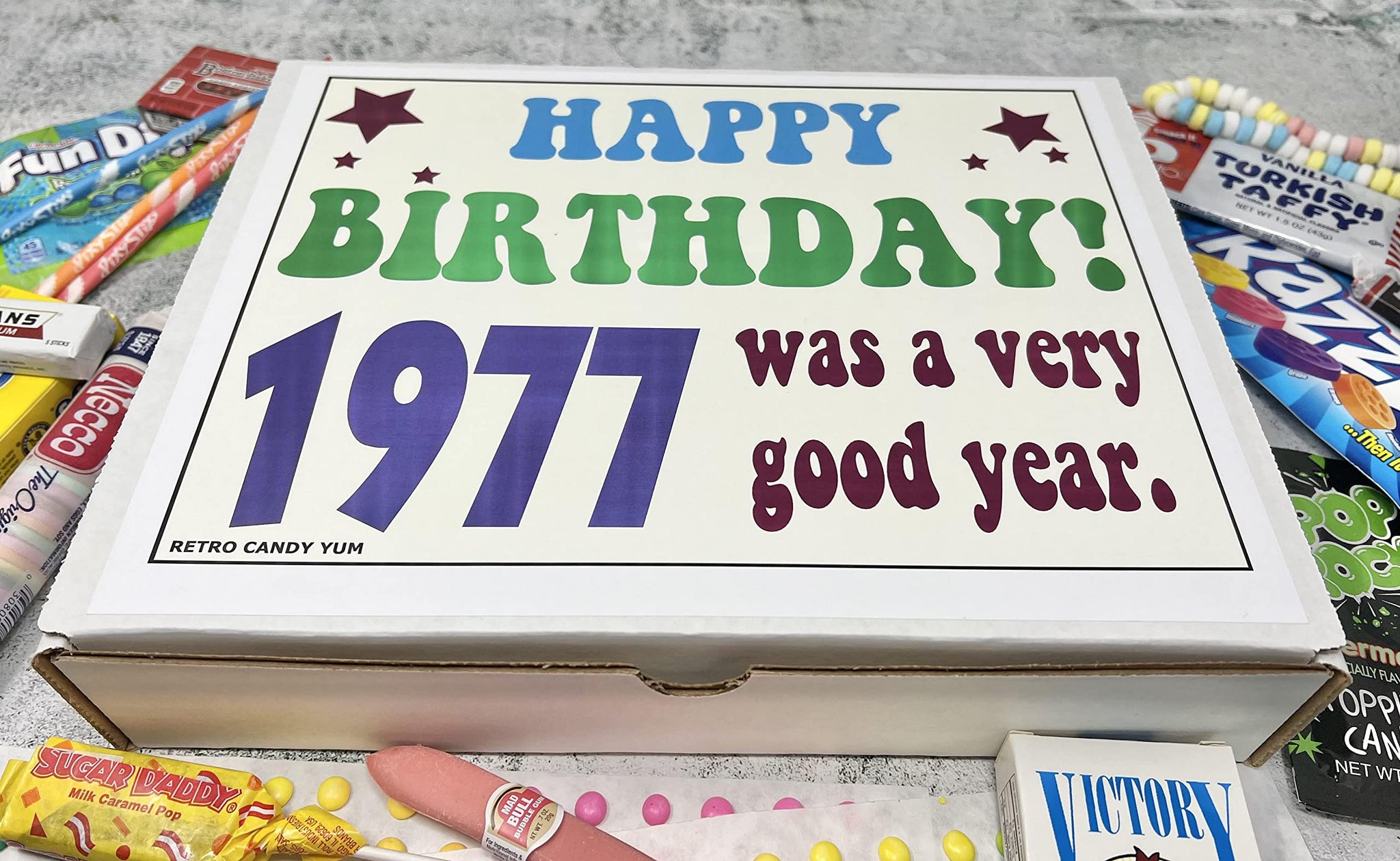 RETRO CANDY YUM ~1977 49th Birthday Gift Box Classic Nostalgic Candy from Childhood for 49 Year Old Man or Woman Born 1977