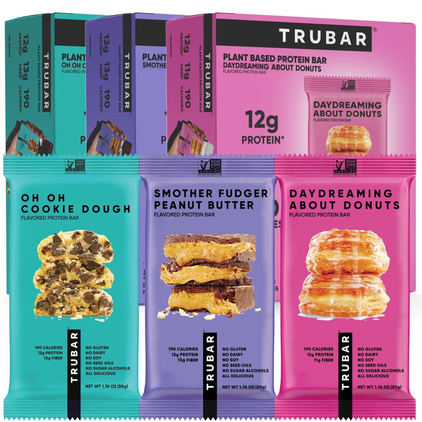 TRUBAR Vegan Protein Bars, 15 Count Variety Pack, Oh Oh Cookie Dough, Daydreaming About Donuts & Smother Fudger Peanut Butter, Gluten Free, Plant