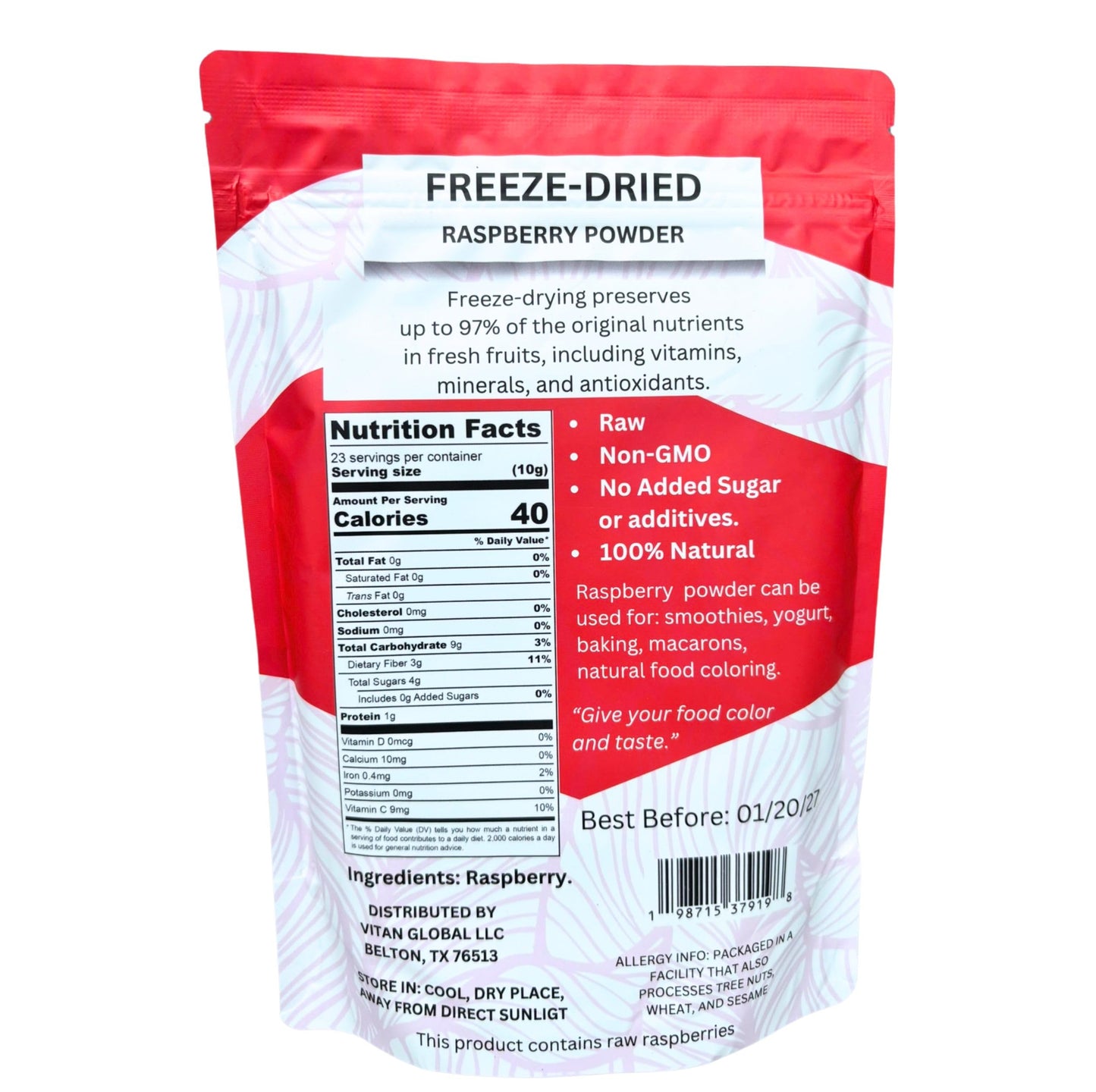 Raspberry Powder 8 Oz, Freeze Dried, Vivolius, No Sugar added, No additives, Natural Red Food Coloring.