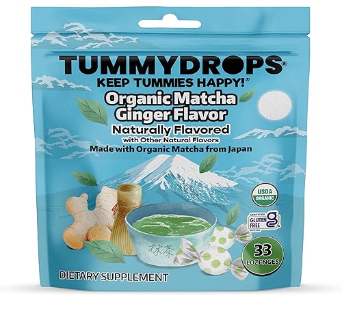 USDA Organic Matcha Ginger Tummydrops, Gluten Free & Vegan, 33 Individually Wrapped Drops in a Resealable Bag
